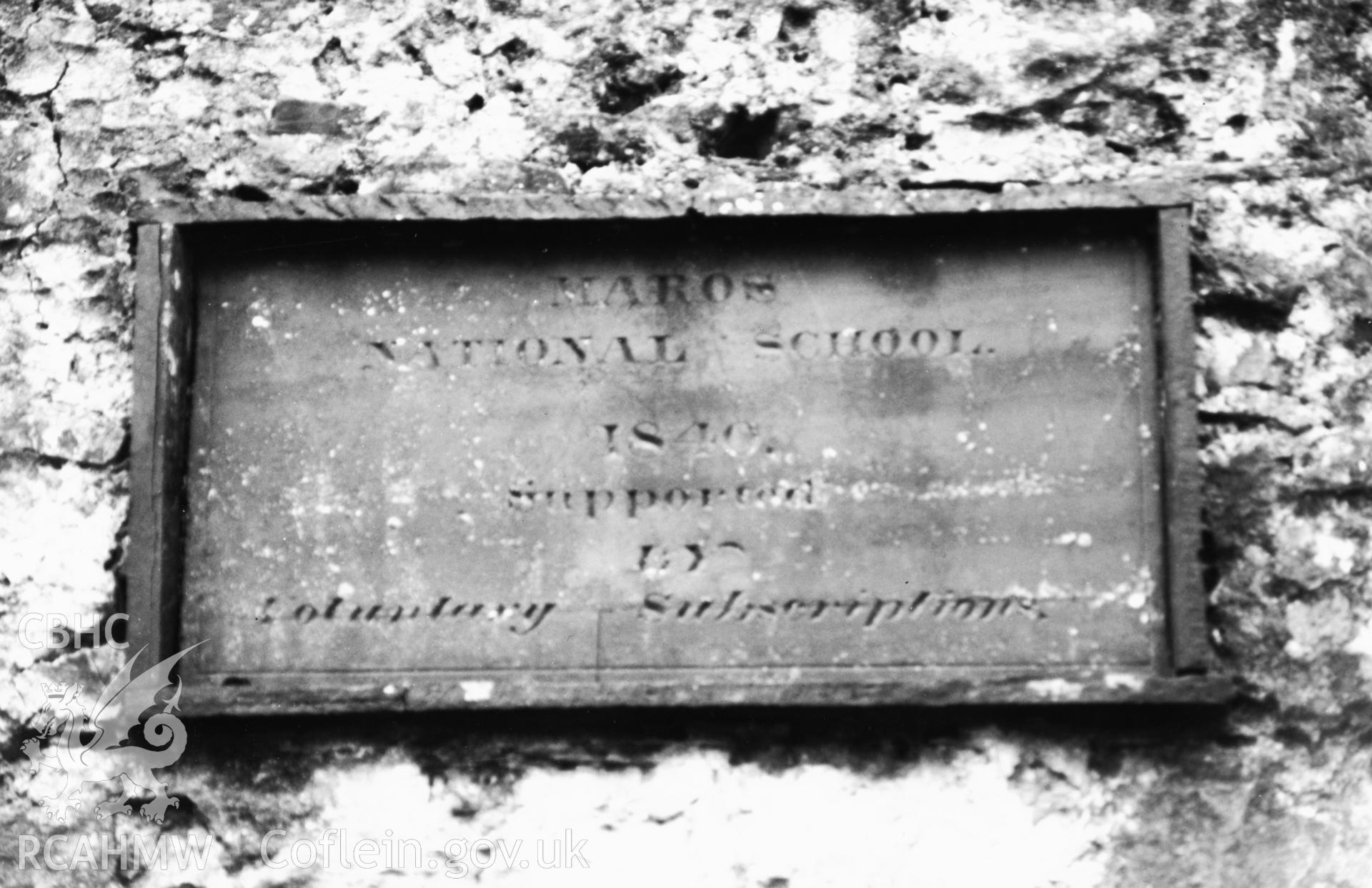 Black and white photograph showing an inscribed slate tablet at Marros National School, produced by Malcolm Seaborne, 1989.