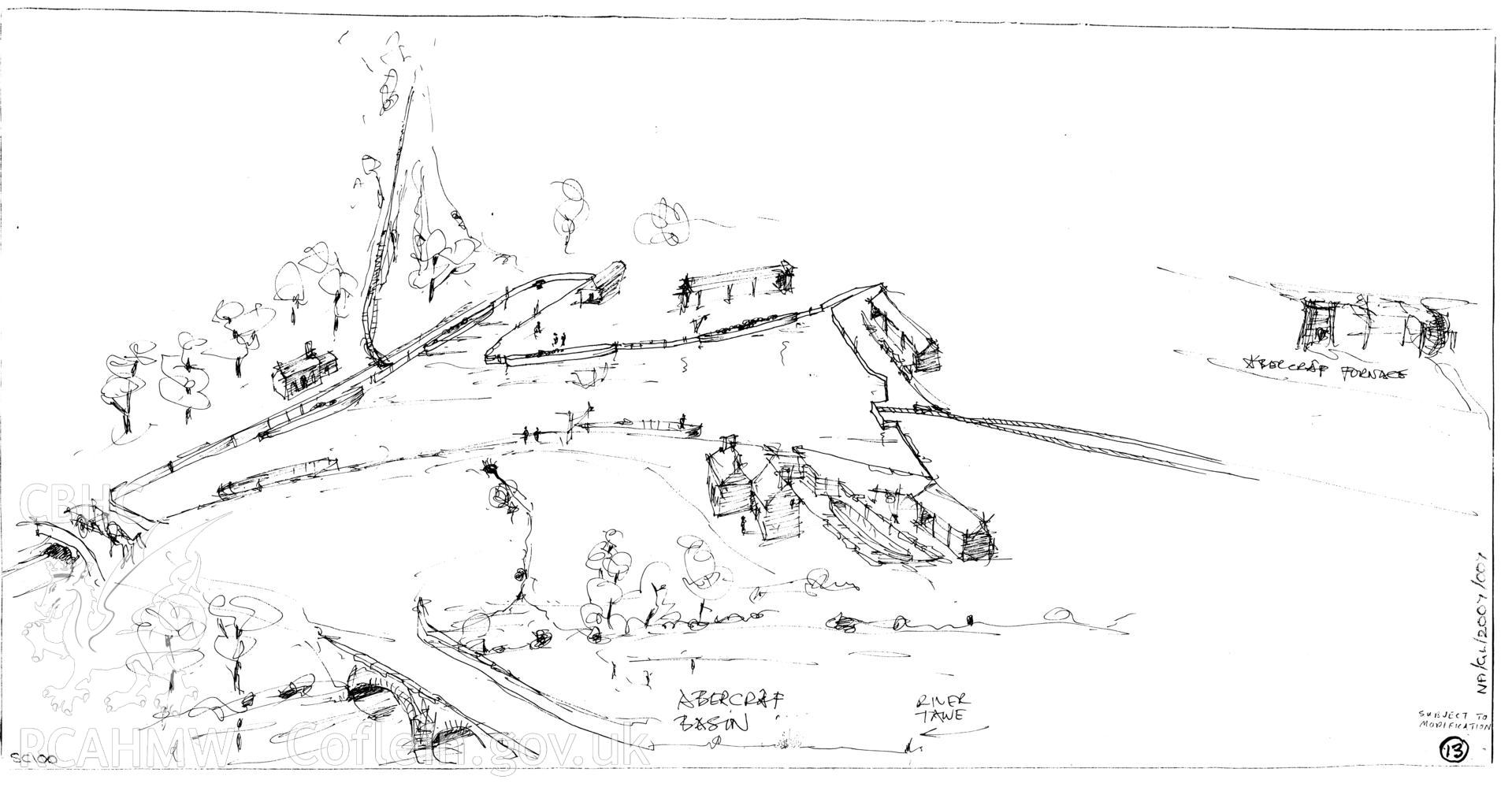 Ink sketch showing Abercraf Basin, produced by D.B. Hague, 1975.