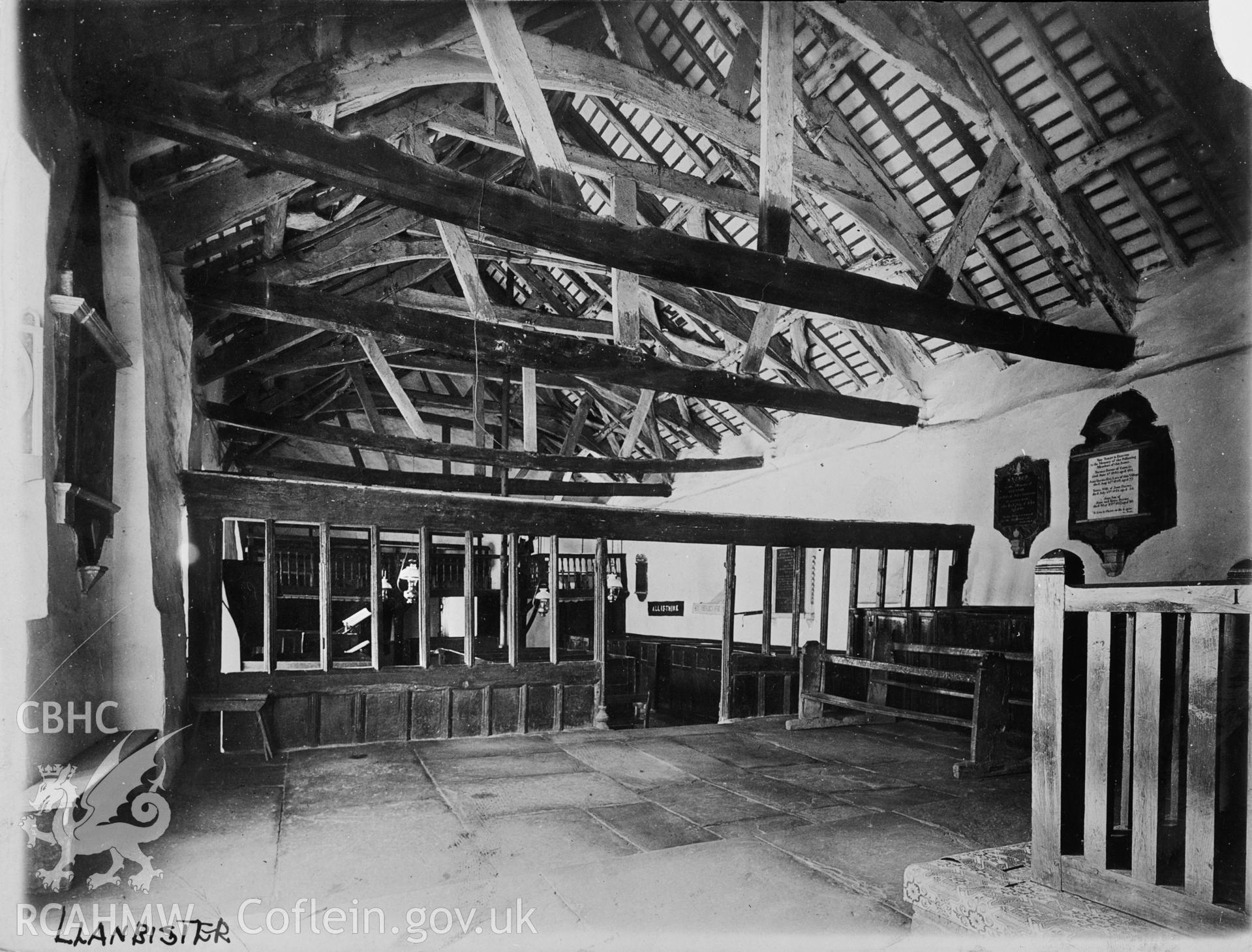 Undated b&w photograph showing interior view of Llanbister Church,  copied from an illustration in the Caroe Collection, held by National Buildings Record, Swindon.