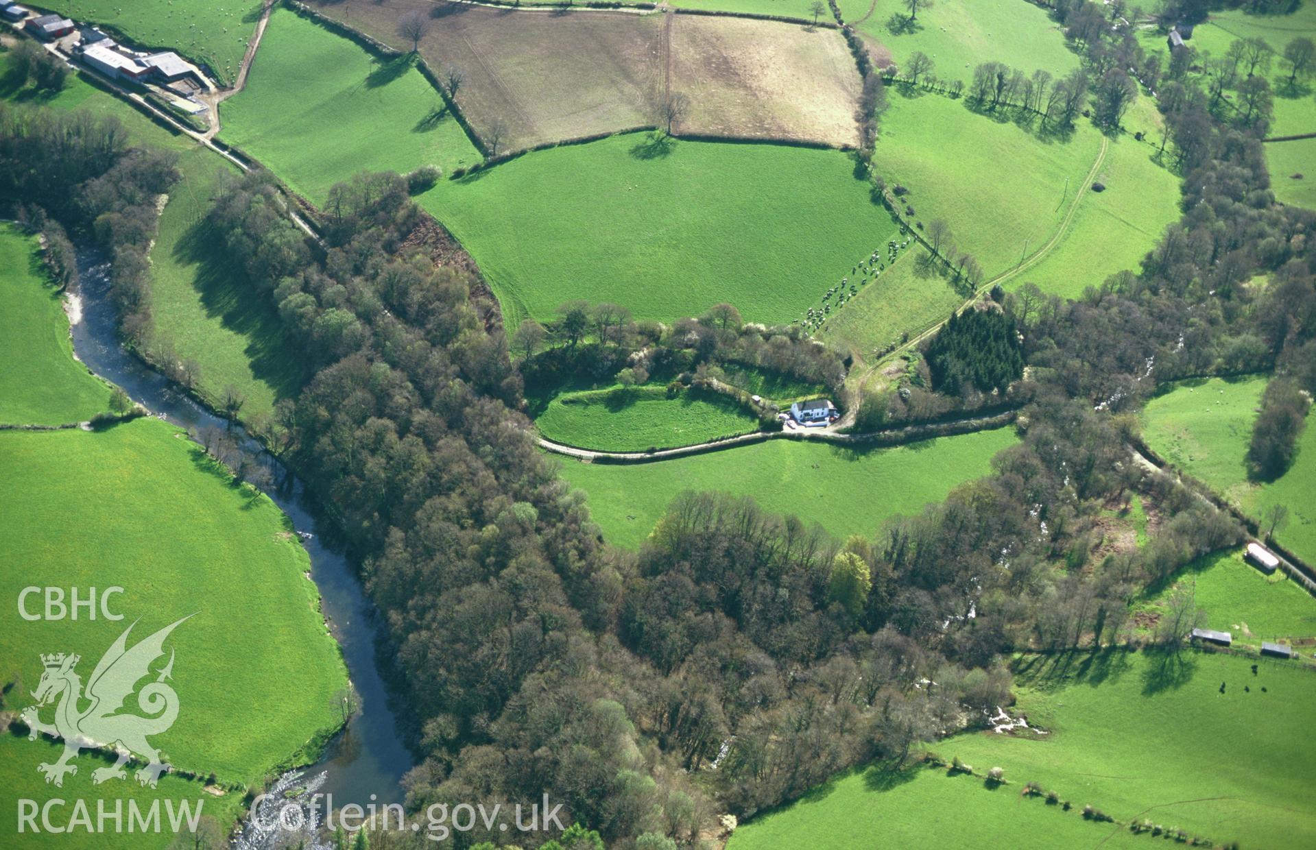 RCAHMW colour slide oblique aerial photograph of Castell Pyr, Llanllwni, taken by C.R.Musson on the 04/05/1996