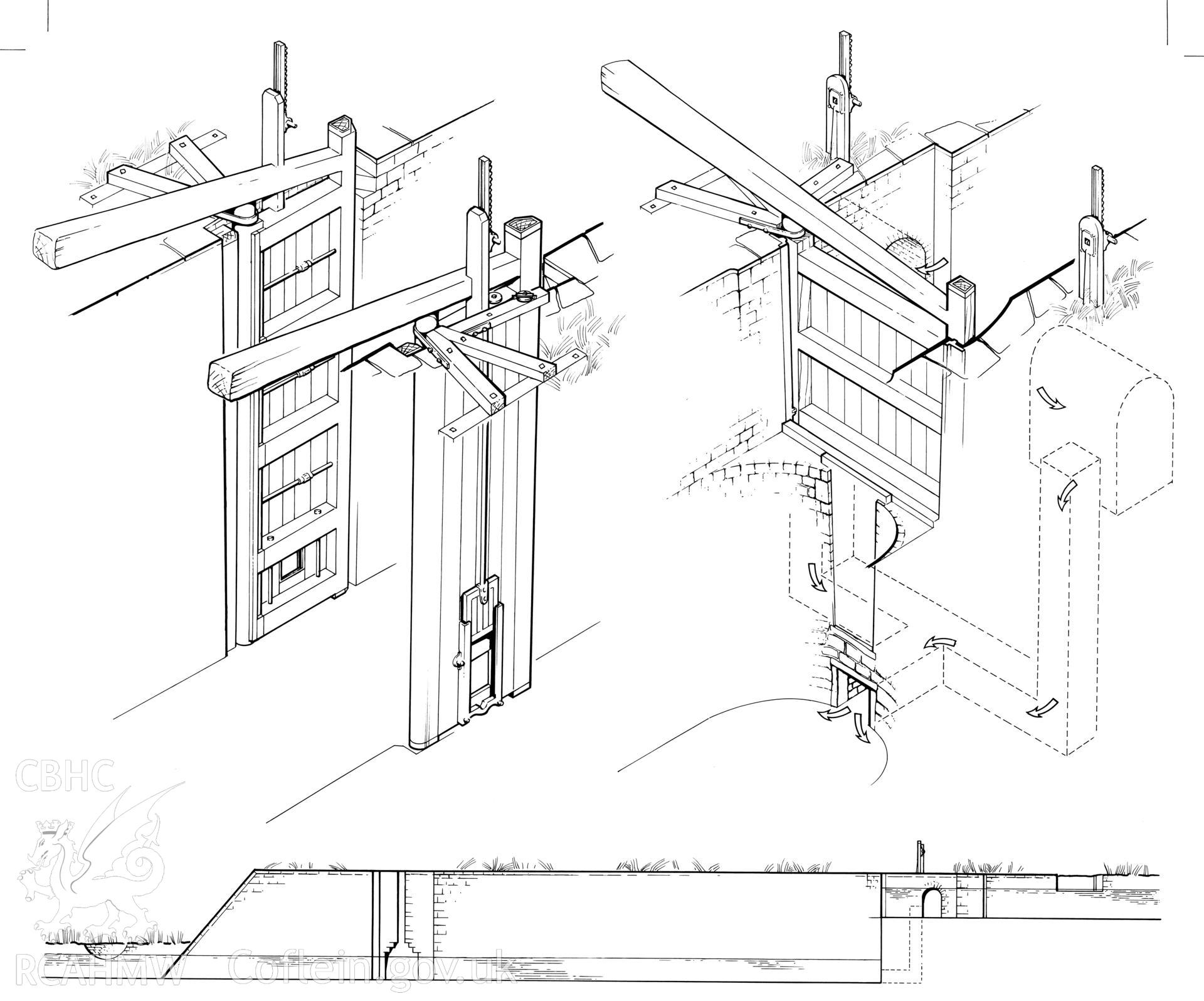 Measured drawing showing detail of Swansea Canal lock number 13 at Ynysmeudwy, produced by G.A. Ward, 1980