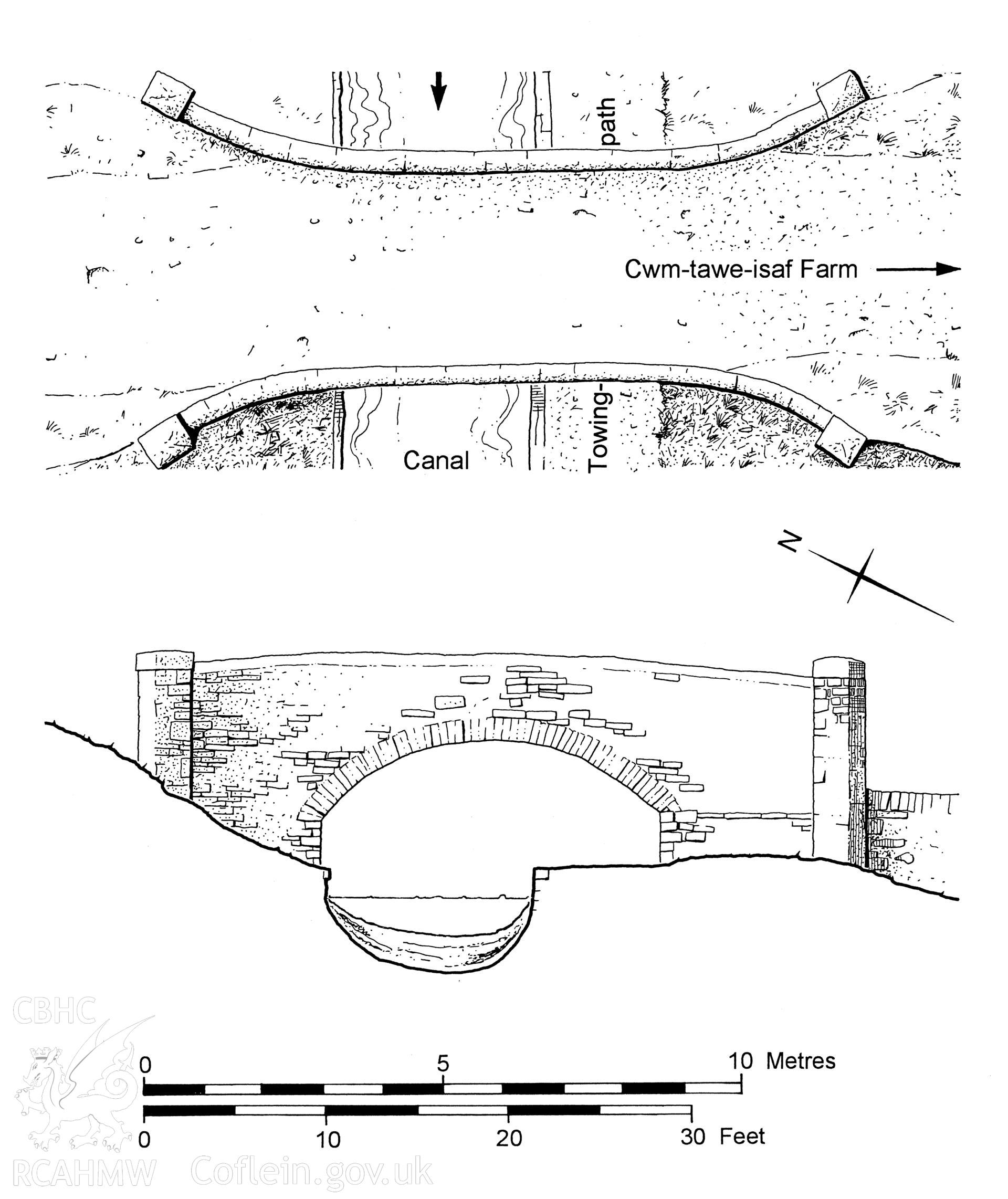 Measured drawings showing plan and elevation view of Cwm-Tawe-Isaf Overbridge at Ynysmeudwy, produced by J.D. Goodband, 1980.