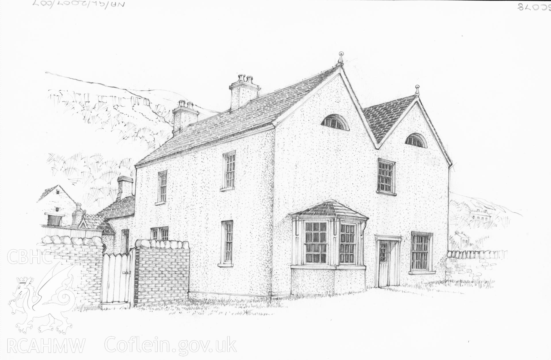 Pencil perspective sketch showing Fountain Hall, Ystalyfera, produced by D.J. Roberts, January 1978.