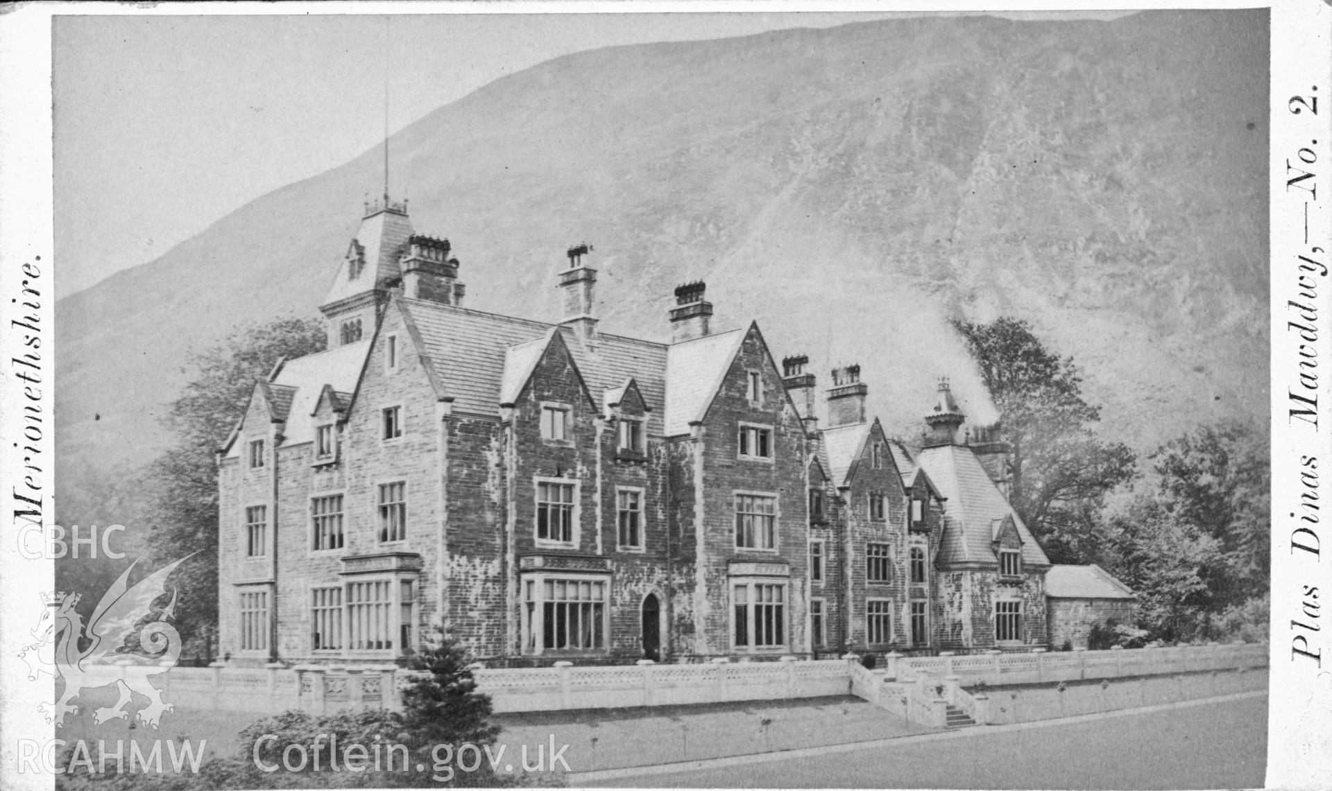 Digitized copy of a miniature photograph showing the exterior of Plas Dinas Mawddwy produced by John Owen, photographer of Broad Street, Newtown, circa 1875, loaned for copying by Thomas Lloyd.