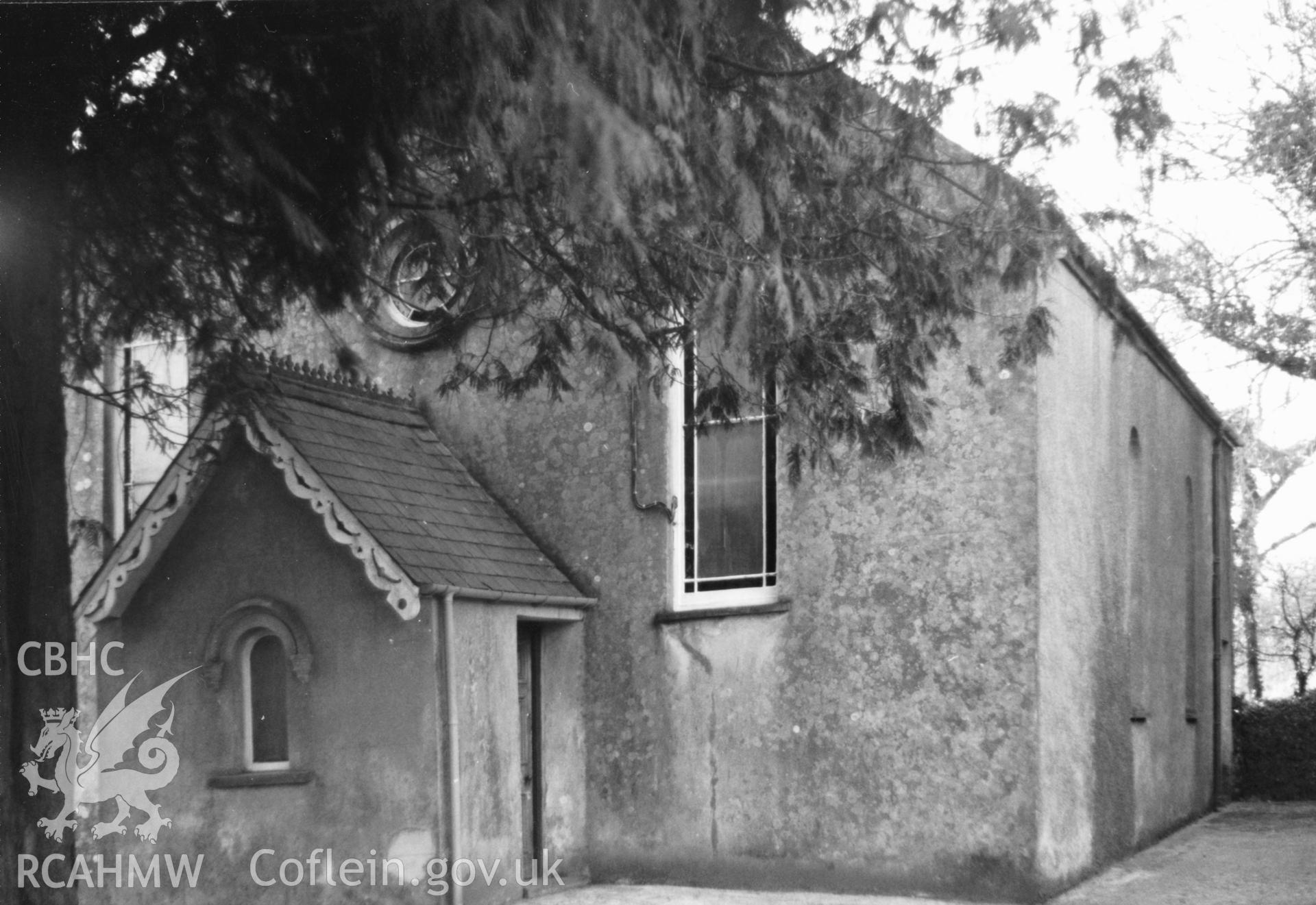 Digital copy of a black and white photograph showing an exterior view of Bethel English Congregational Chapel, Middle Hill, taken by Robert Scourfield, 1996.