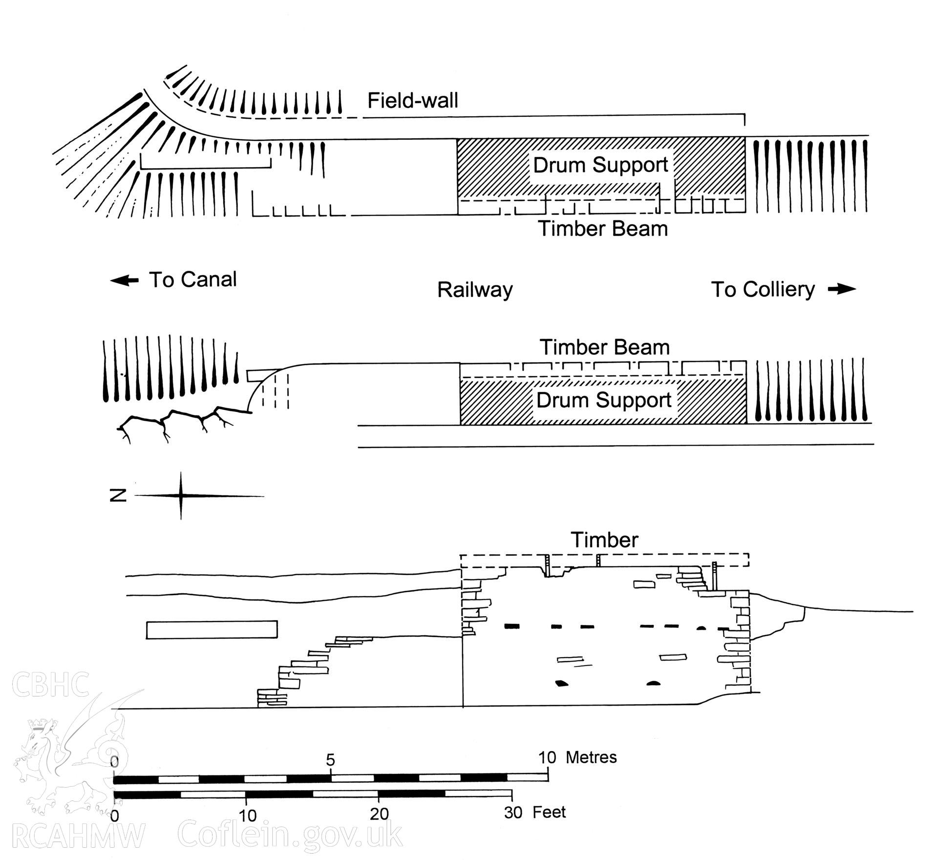 Measured  plan and elevation drawing showing the winding drum at Waun y Coed Ironworks, produced by Charles Green, 2007.