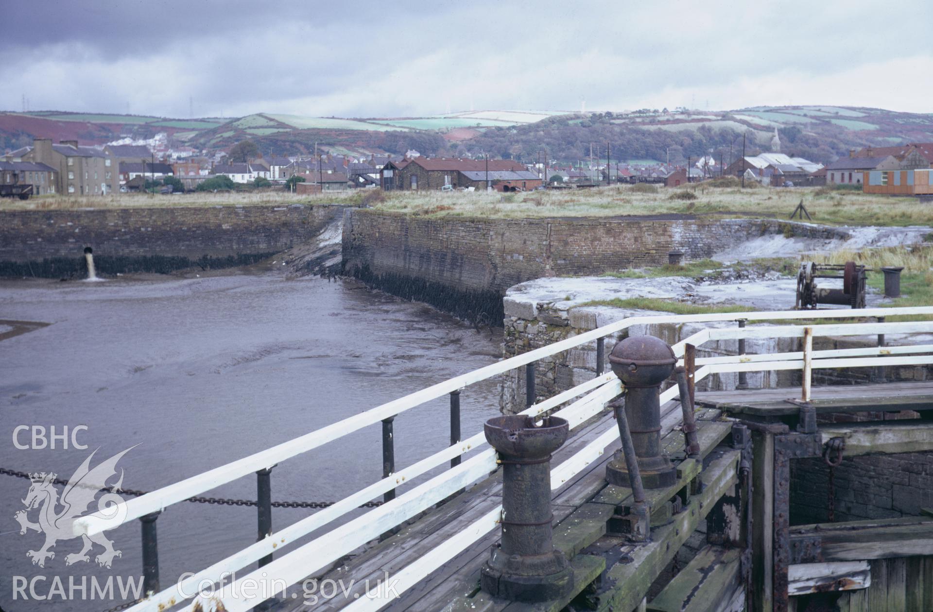 35mm colour slide showing  Burry Port Harbour, East Dock, Carmarthenshire,  by Dylan Roberts, undated.