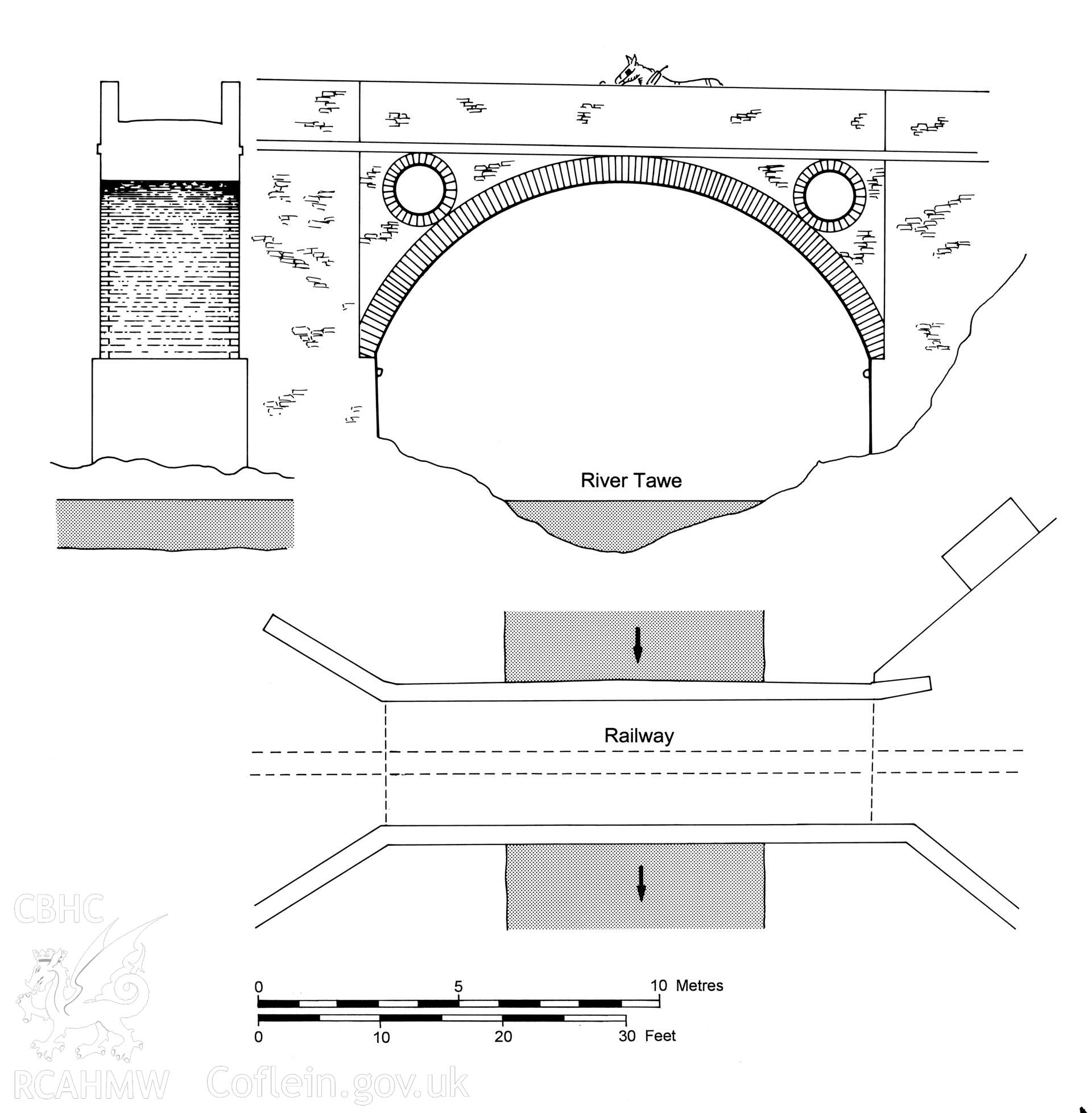 Measured drawing showing plan and elevation view of Pont y Yard Railway Bridge, produced by C.W. Green, 2006.