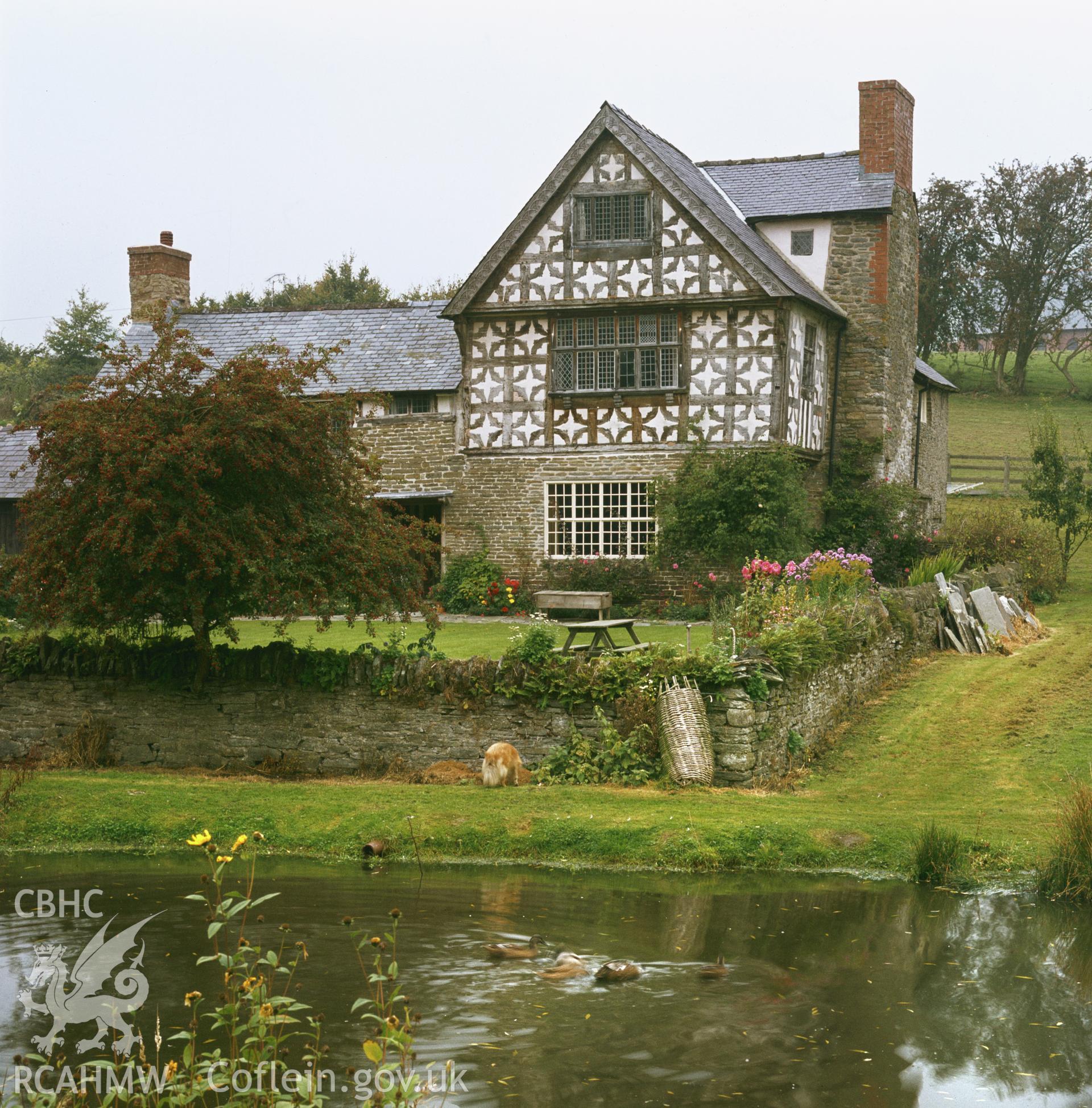 RCAHMW colour transparency showing view of Upper Dolau Farmhouse, Presteigne, taken by Fleur James, 1986.