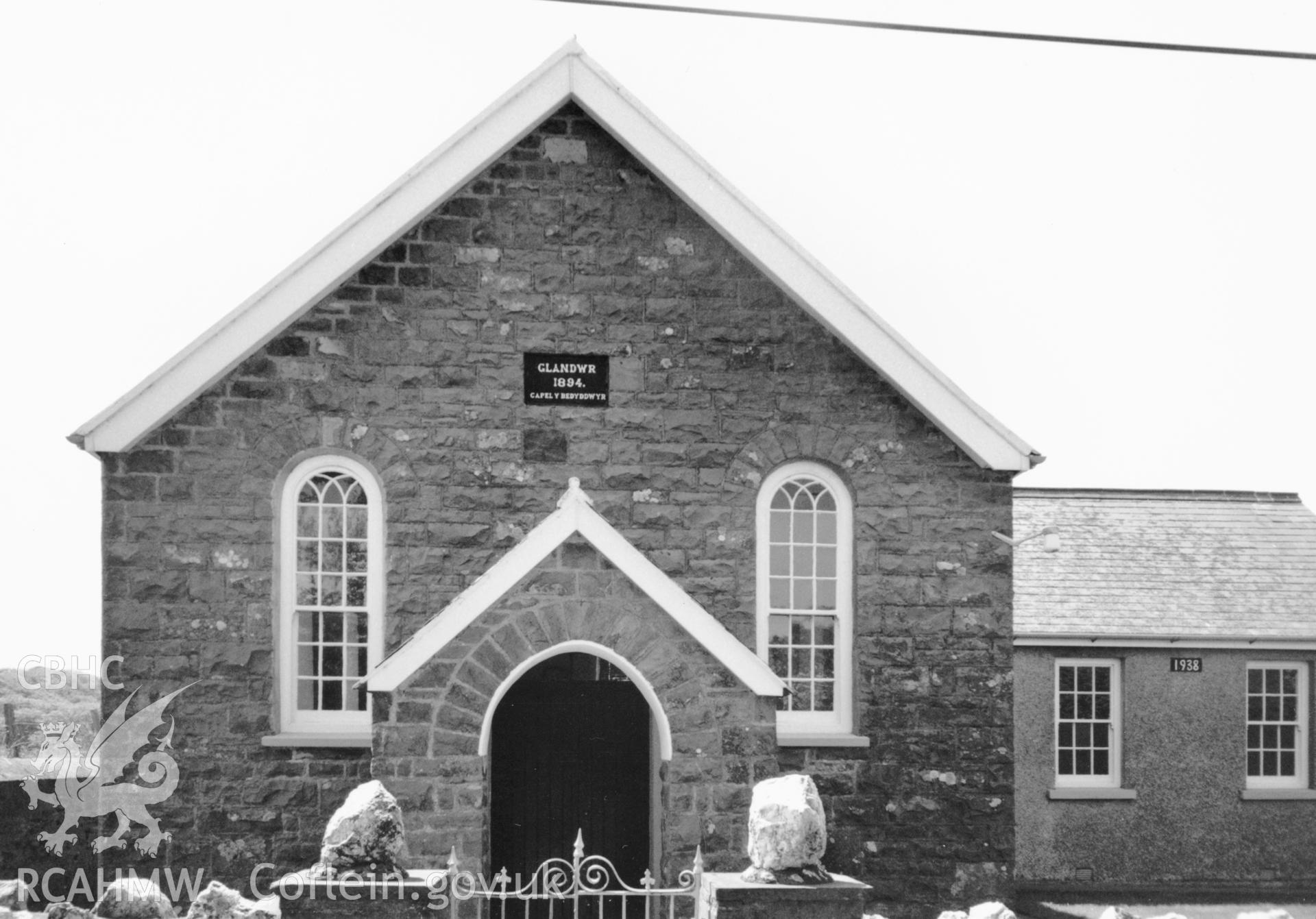 Digital copy of a black and white photograph showing an exterior view of Glandwr Welsh Baptist Chapel, Llanychar, taken by Robert Scourfield, c.1996.