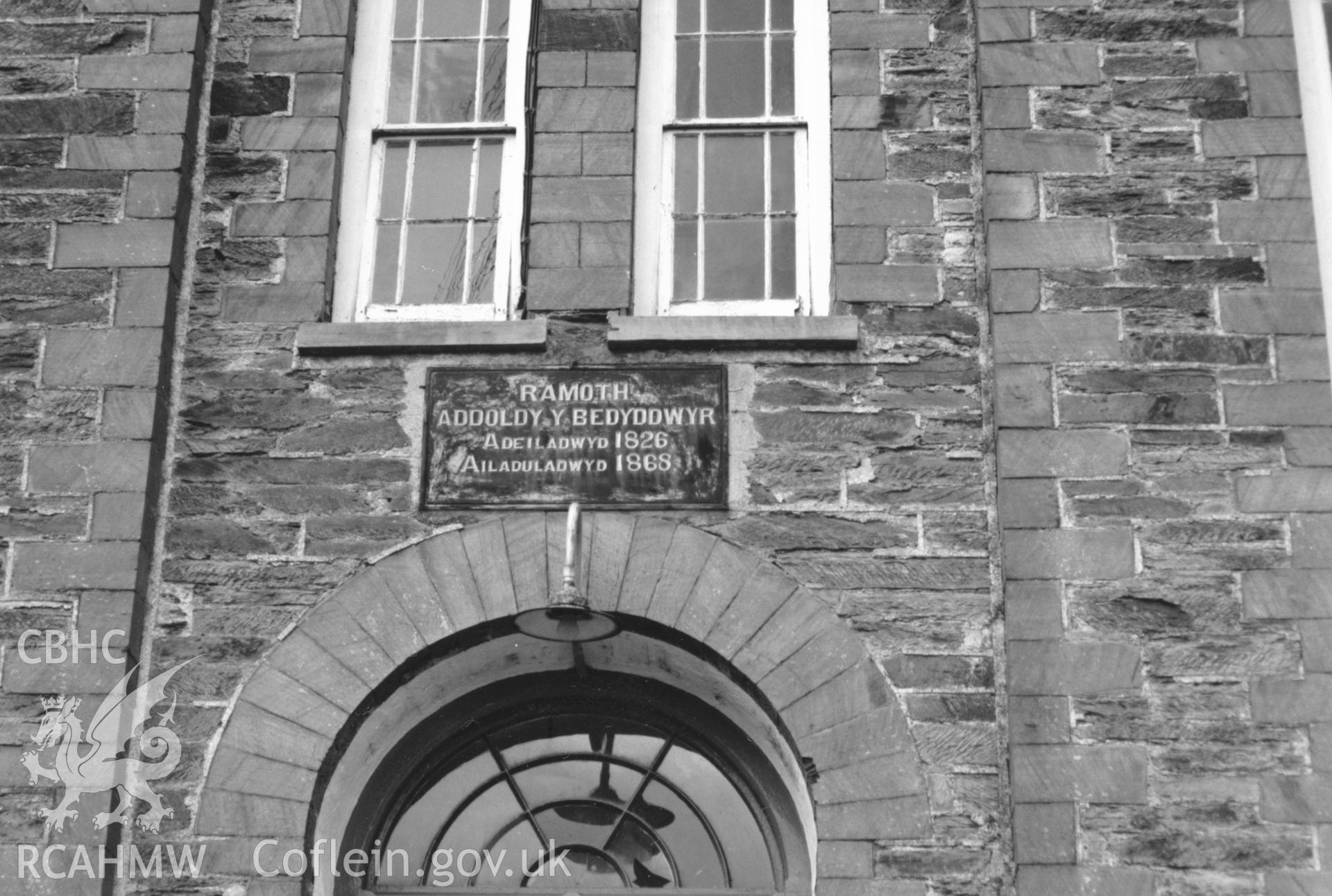 Digital copy of a black and white photograph showing a view of the datestone at Ramoth Welsh Baptist Chapel,  Abercych, taken by Robert Scourfield, c.1996.