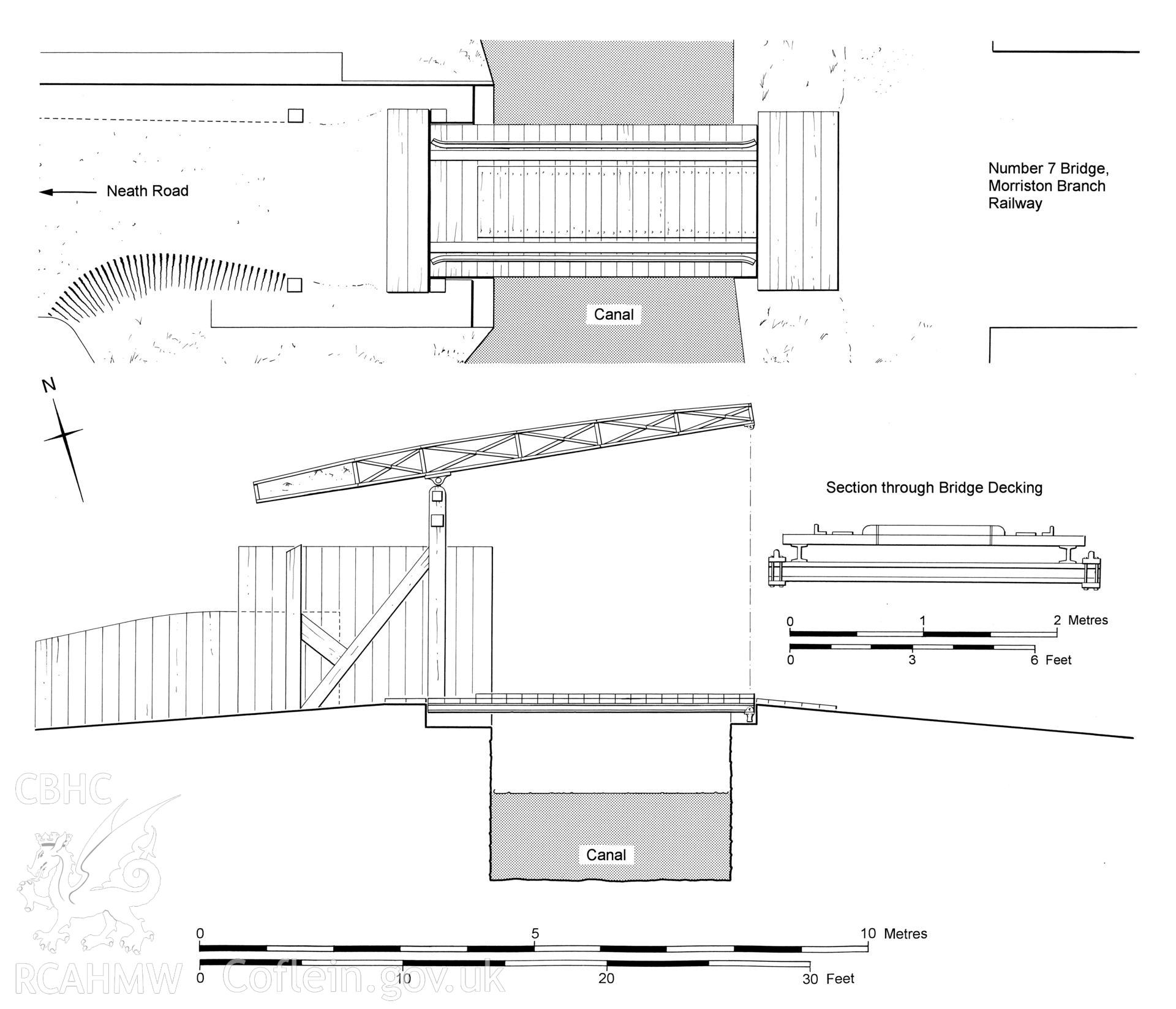 Measured drawings showing plan and elevation view of Landore Low Level Drawbridge, produced by J.D. Goodband, 1980.