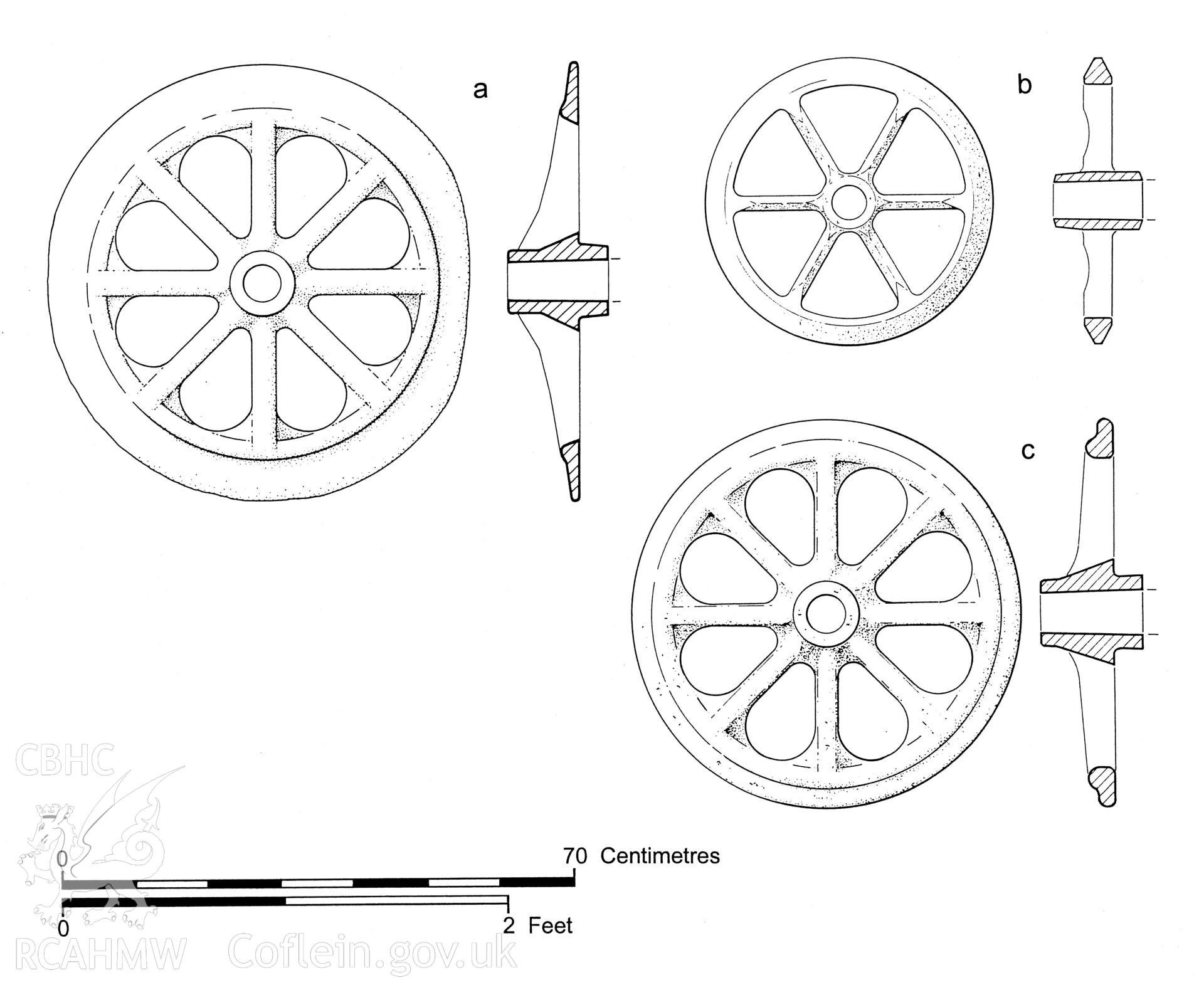 Ink-line drawing showing the variance between types of tramroad wagon wheels, produced by J. Johnston and J.D. Goodband, 1980-1988