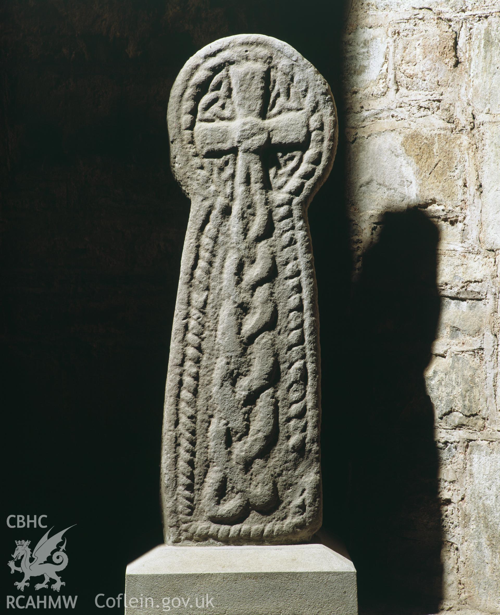 Colour transparency showing inscribed stone at Laugharne Church taken by Iain Wright, 2004.