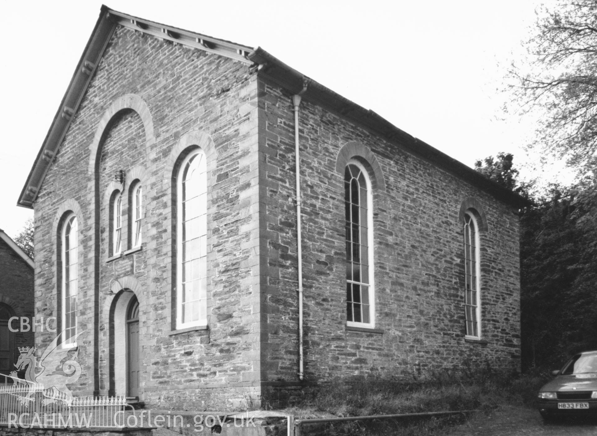 Digital copy of a black and white photograph showing a view of Ramoth Welsh Baptist Chapel, Abercych, taken by Robert Scourfield, c.1996.