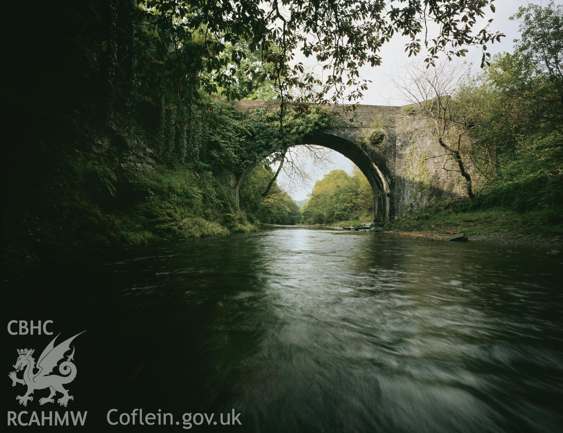 RCAHMW colour transparency showing view of Pont y Yard Bridge, Ystradgynlais, taken by I.N. Wright, c.1979