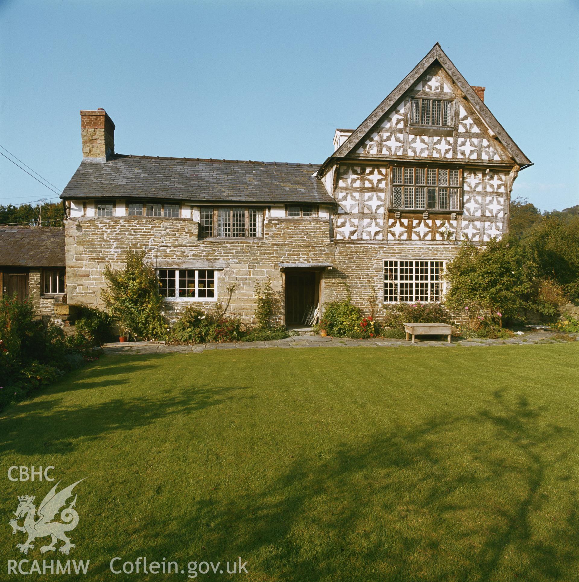 RCAHMW colour transparency showing view of Upper Dolau Farmhouse, Presteigne, taken by Fleur James, 1986.