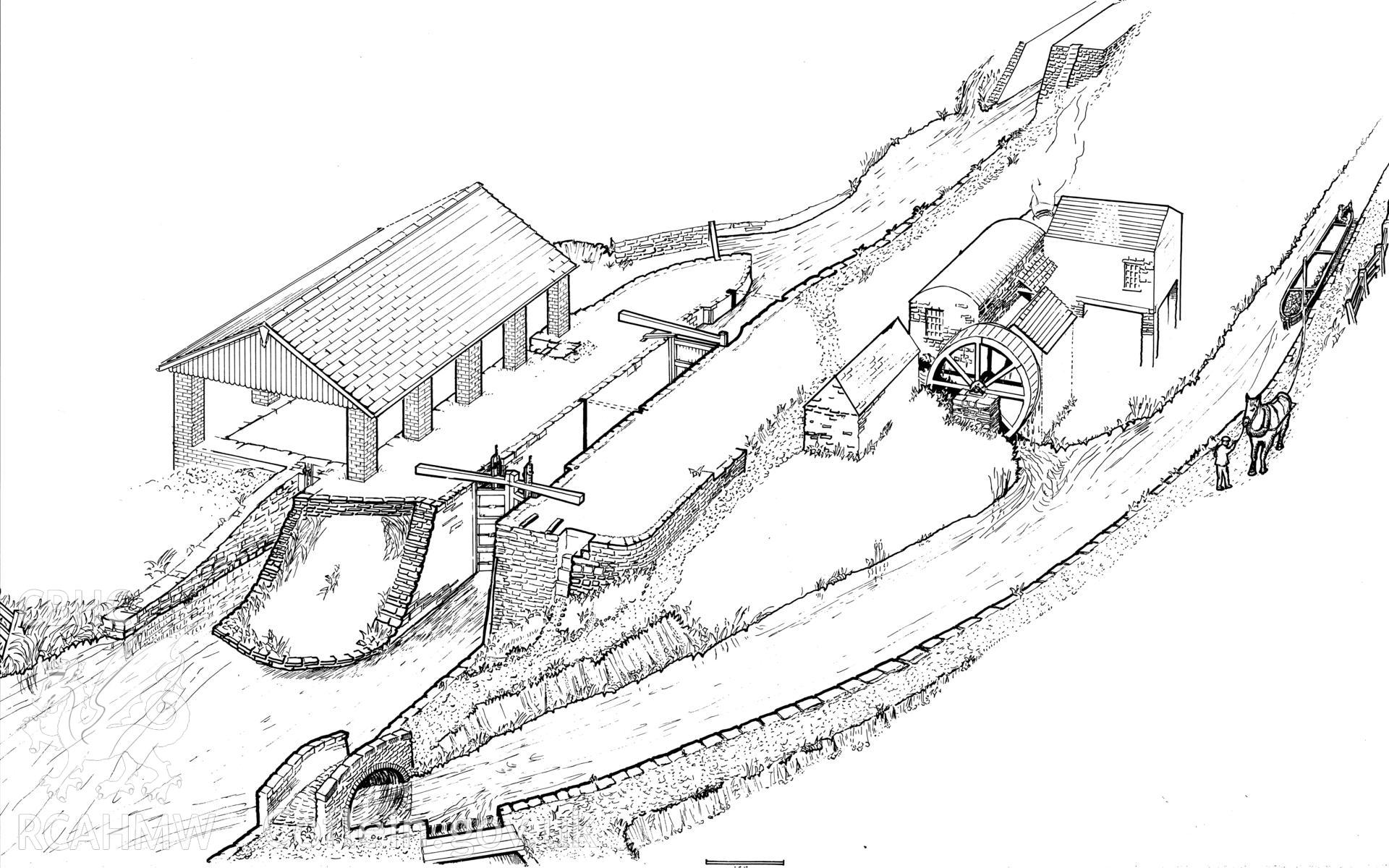 Perspective reconstruction drawing by John Johnston and Stephen Hughes, showing Pant y Ffynnon Sawmill Dry Dock.