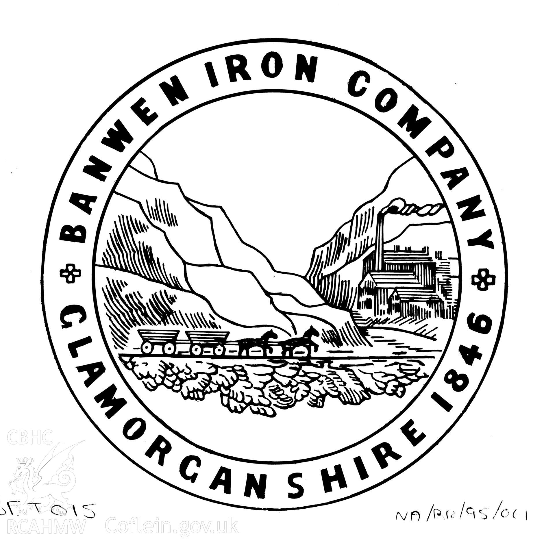 Finished ink-line drawing, a copy of the Banwen Ironworks Company stamp (from impressions in BT 41/44/256, Public Records Office. Fig 13, "The Brecon Forest Tramroads", S.R. Hughes, 1990.