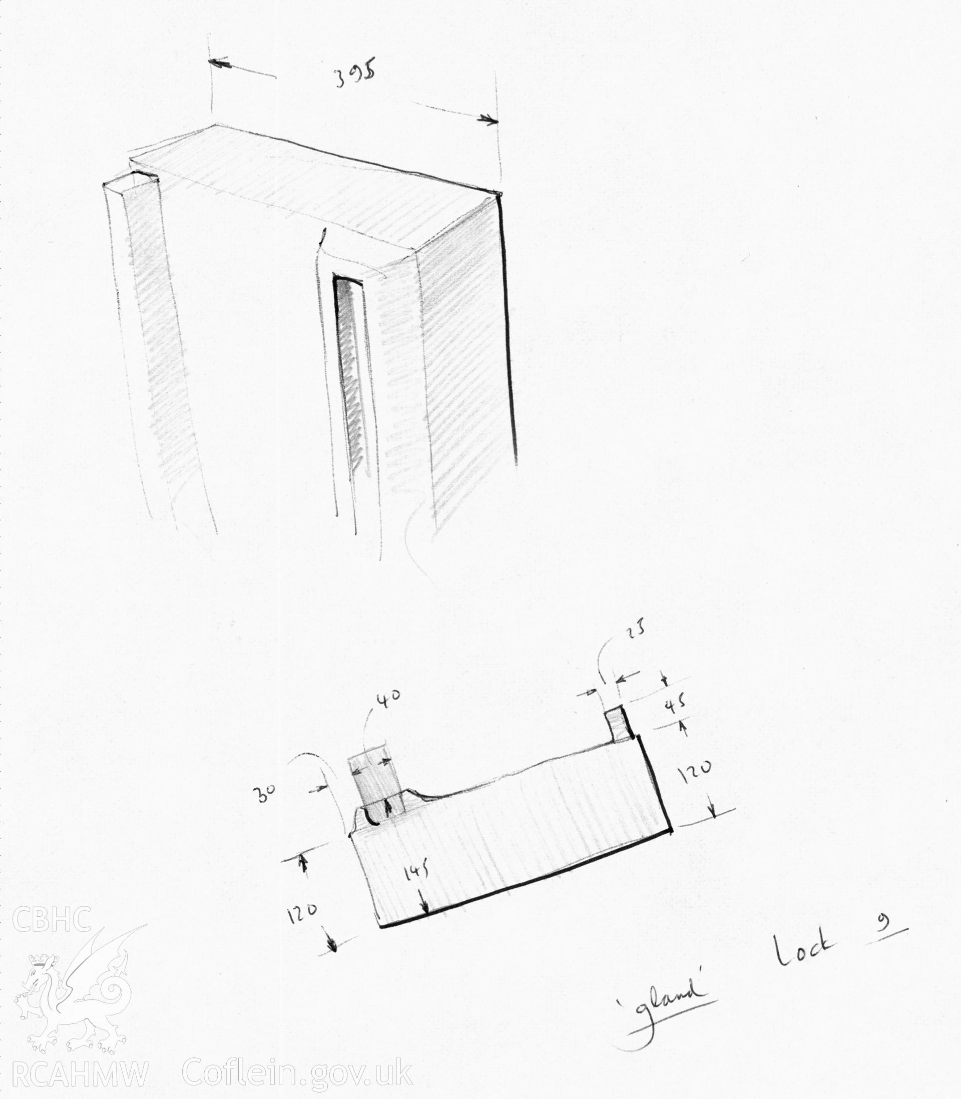 Pencil sketch showing detail of the cast-iron watertight gland at Lock 9, Swansea Canal, produced by J.D. Goodband, 1979.