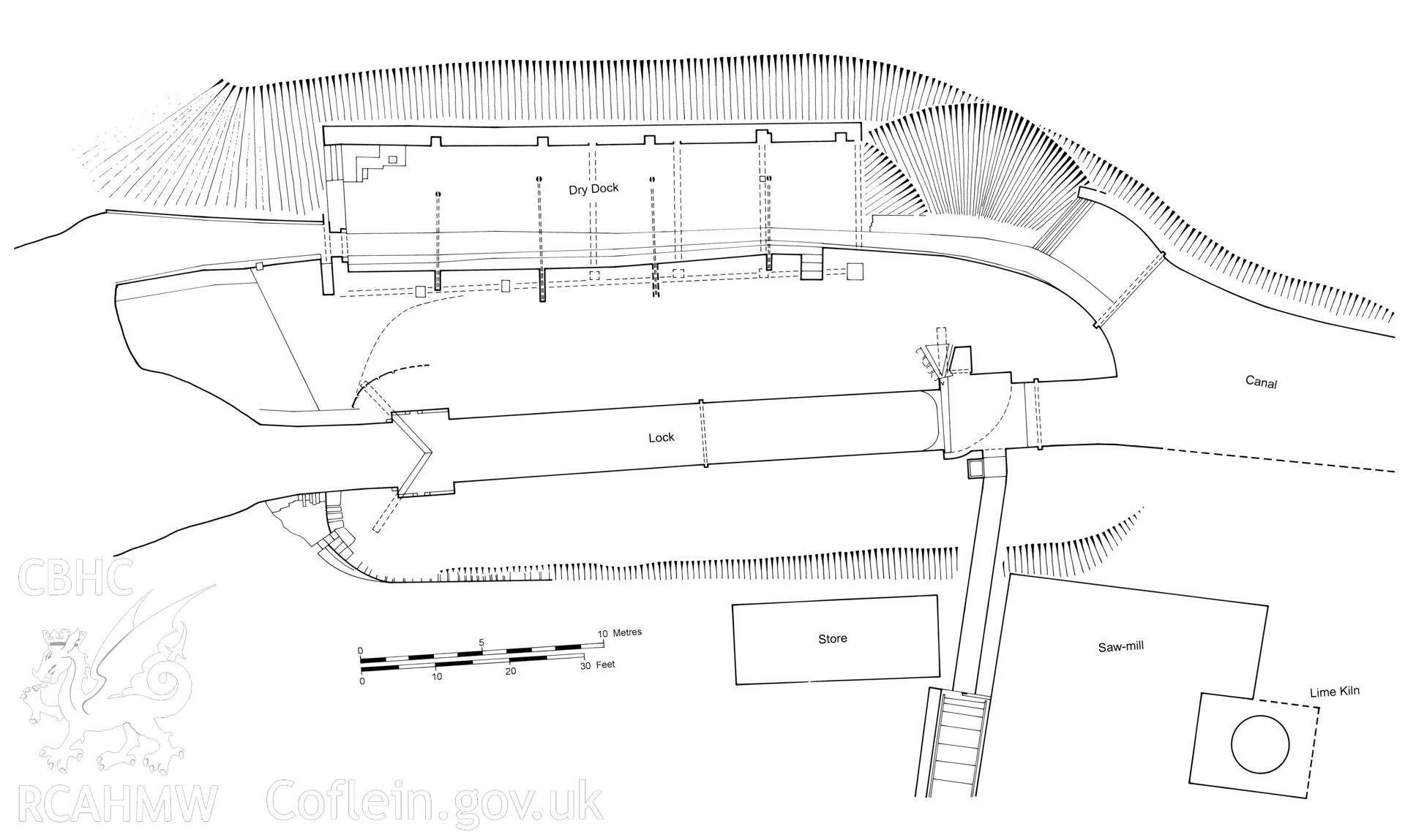 Measured drawing showing plan and section view of Pantyffynnon Sawmill Dry Dock at Ystalyfera, produced by C.W. Green, 2007.