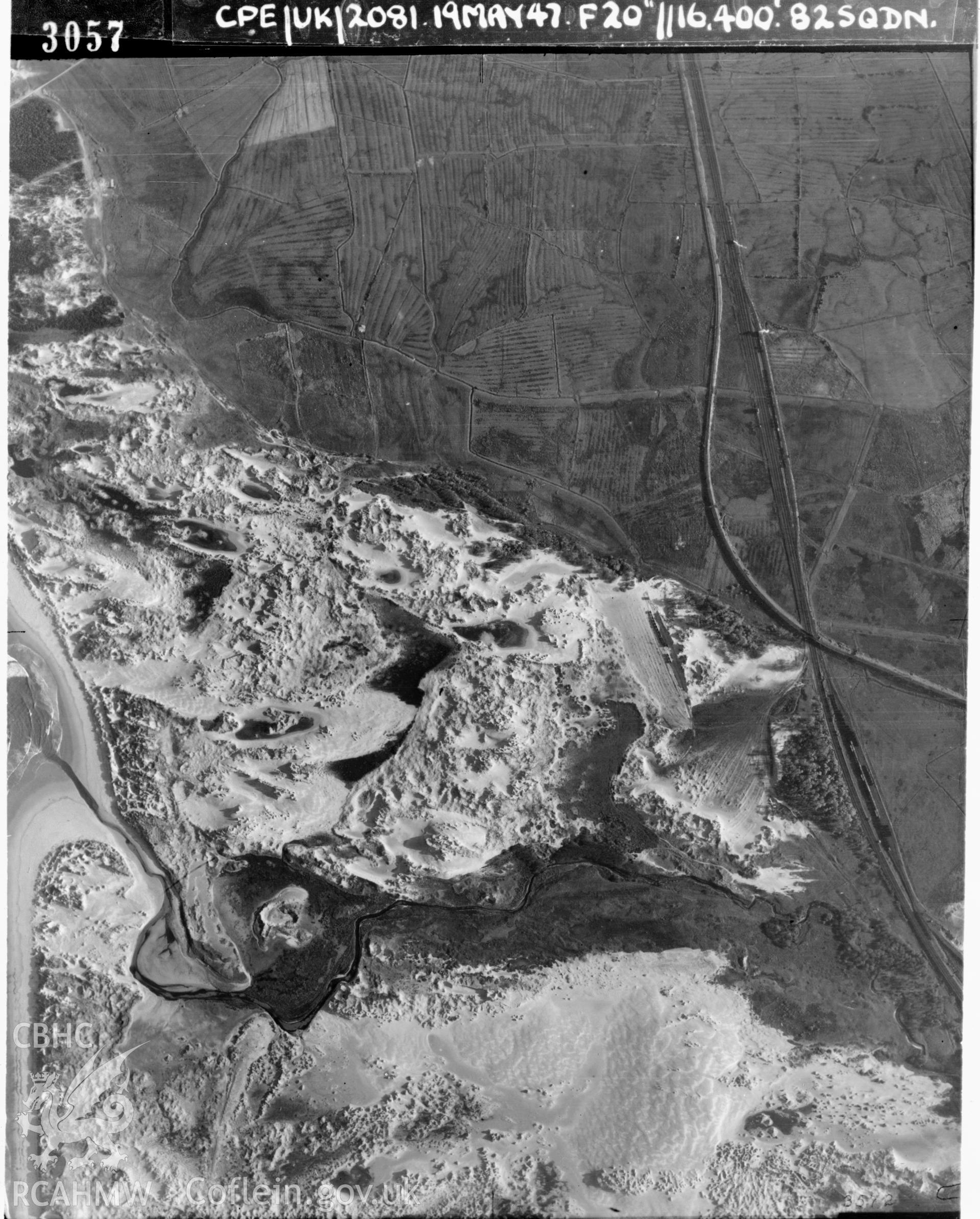 Black and white vertical aerial photograph taken by the RAF on 19/05/1947 centred on SS77758390 at a scale of 1:10000. The photograph includes part of Margam Moors community in Neath, Port Talbot.