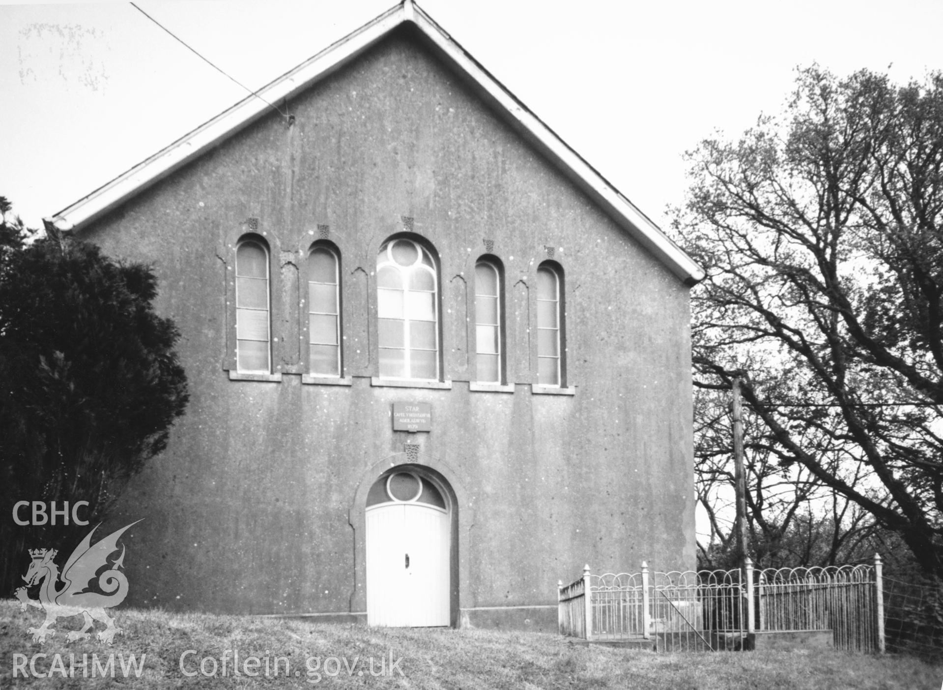 Digital copy of a black and white photograph showing a general view of Star Welsh Baptist Chapel, Clydau, taken by Robert Scourfield, c.1996.