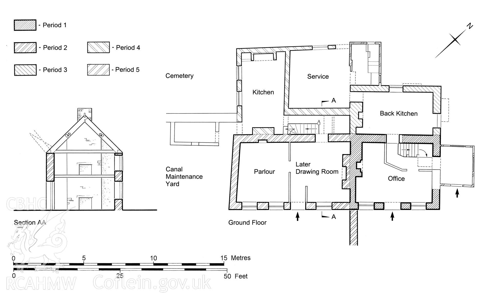 Measured drawing showing plan and section view of the cottage at Pantyffynnon Yard, Ystalyfera, produced by J.D. Goodband, 1980.