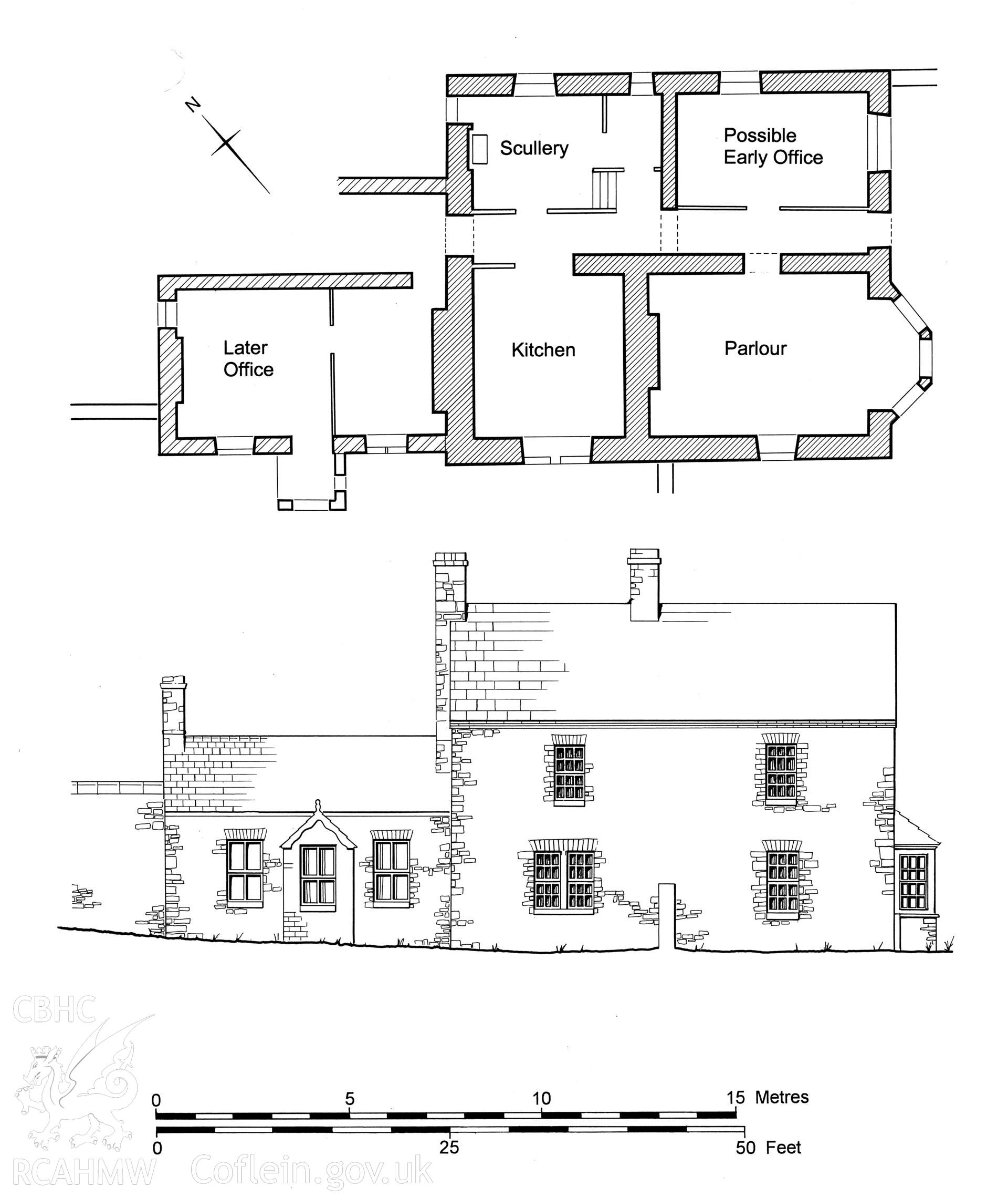 Measured plan and elevation view of Fountain Hall, produced by J.D. Goodband, 1980