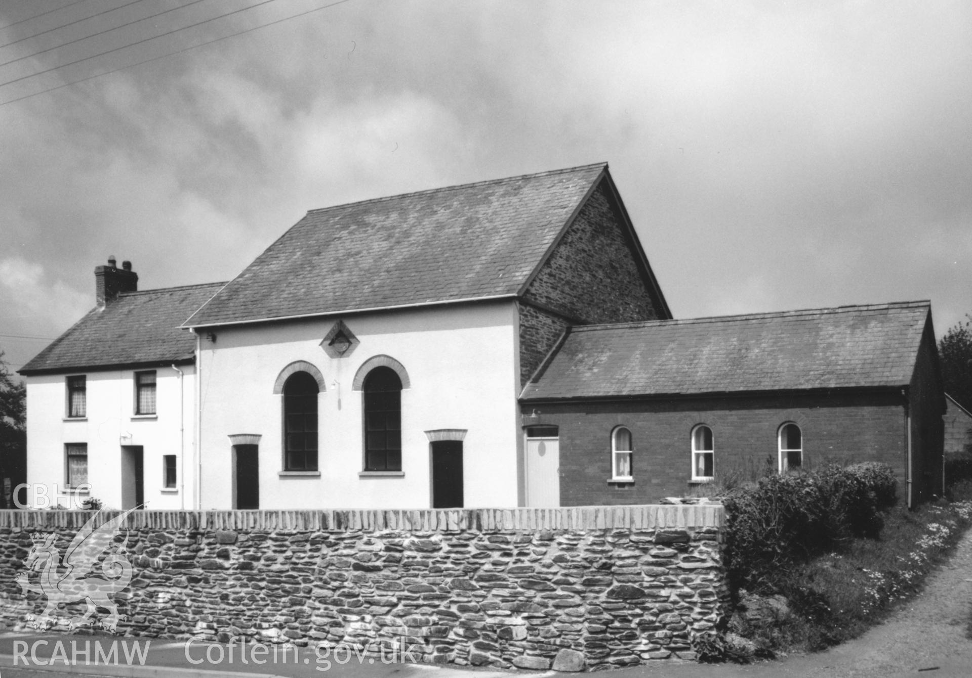 Digital copy of a black and white photograph showing a view of Capel Newydd Welsh Calvinistic Methodist Chapel, Boncath,taken by Robert Scourfield, c.1996.