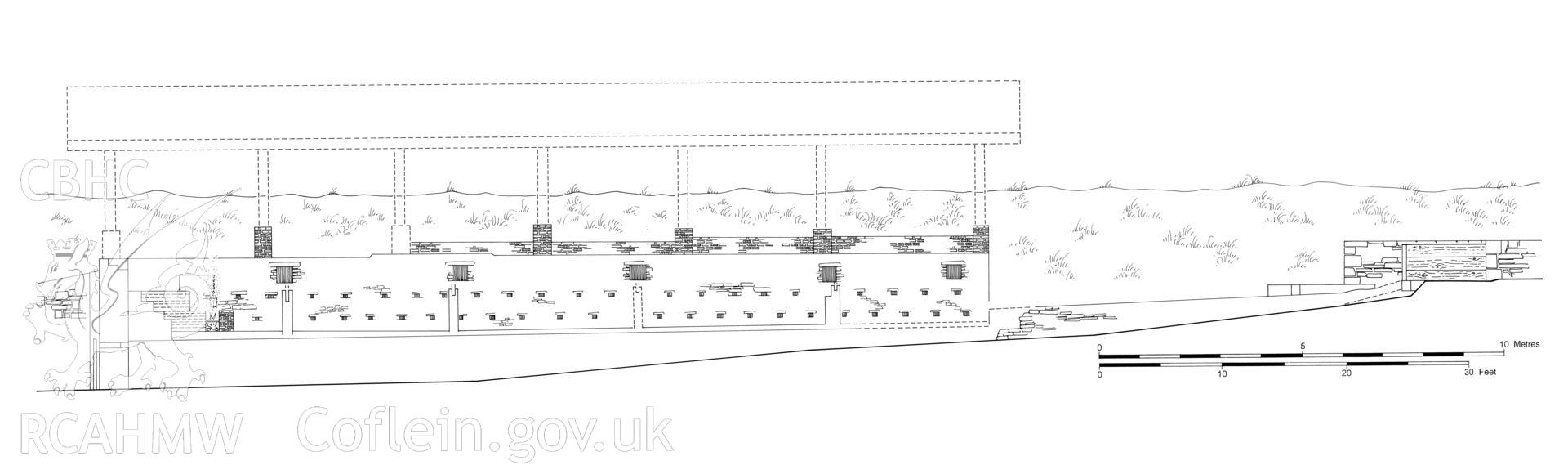 Measured drawing showing longitudinal elevation view of Pantyffynnon Sawmill Dry Dock at Ystalyfera, produced by C.W. Green, 2006.