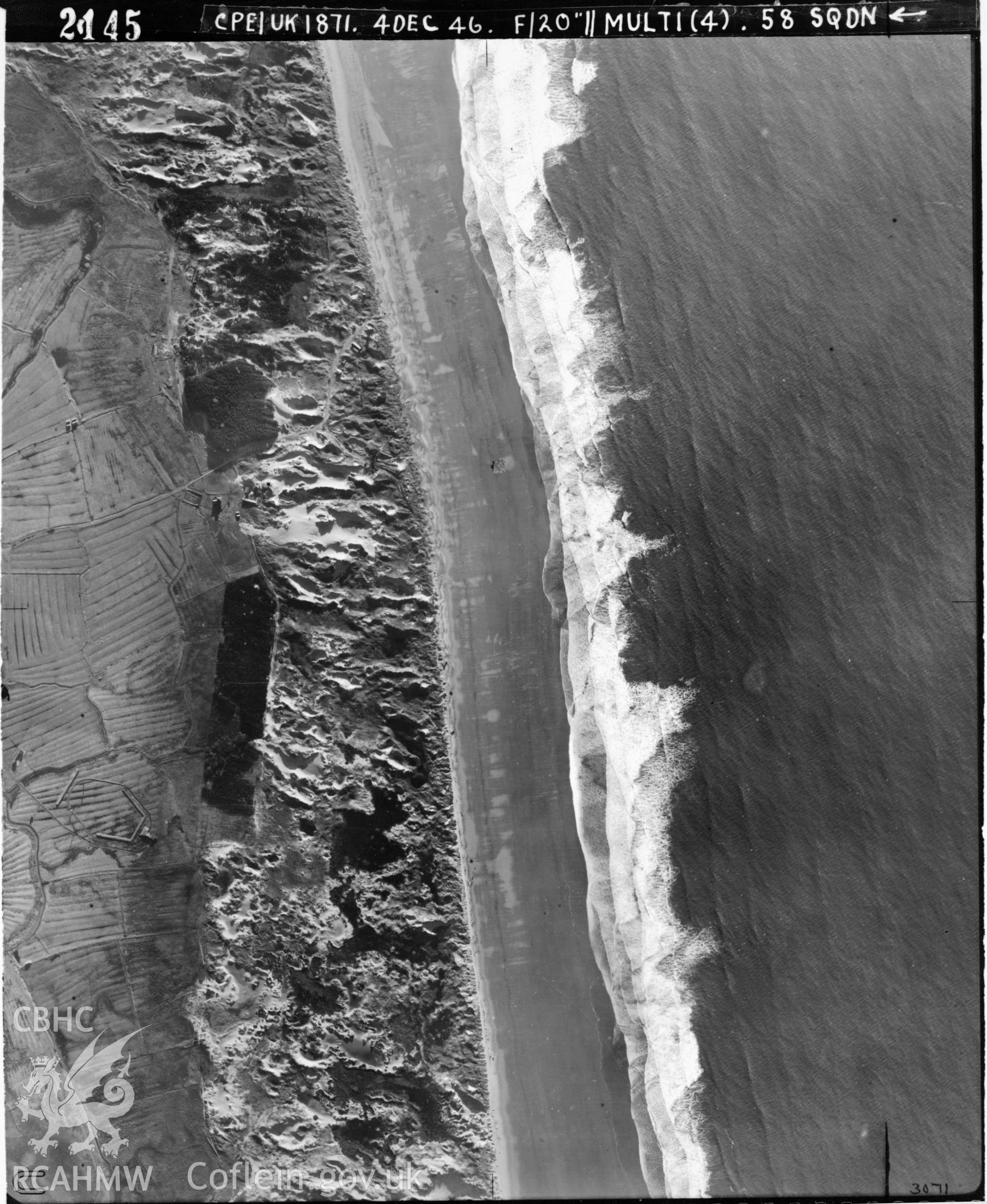 Black and white vertical aerial photograph taken by the RAF on 04/12/1946 centred on SS77258388 at a scale of 1:10000. The centrepoint lies over the sea.