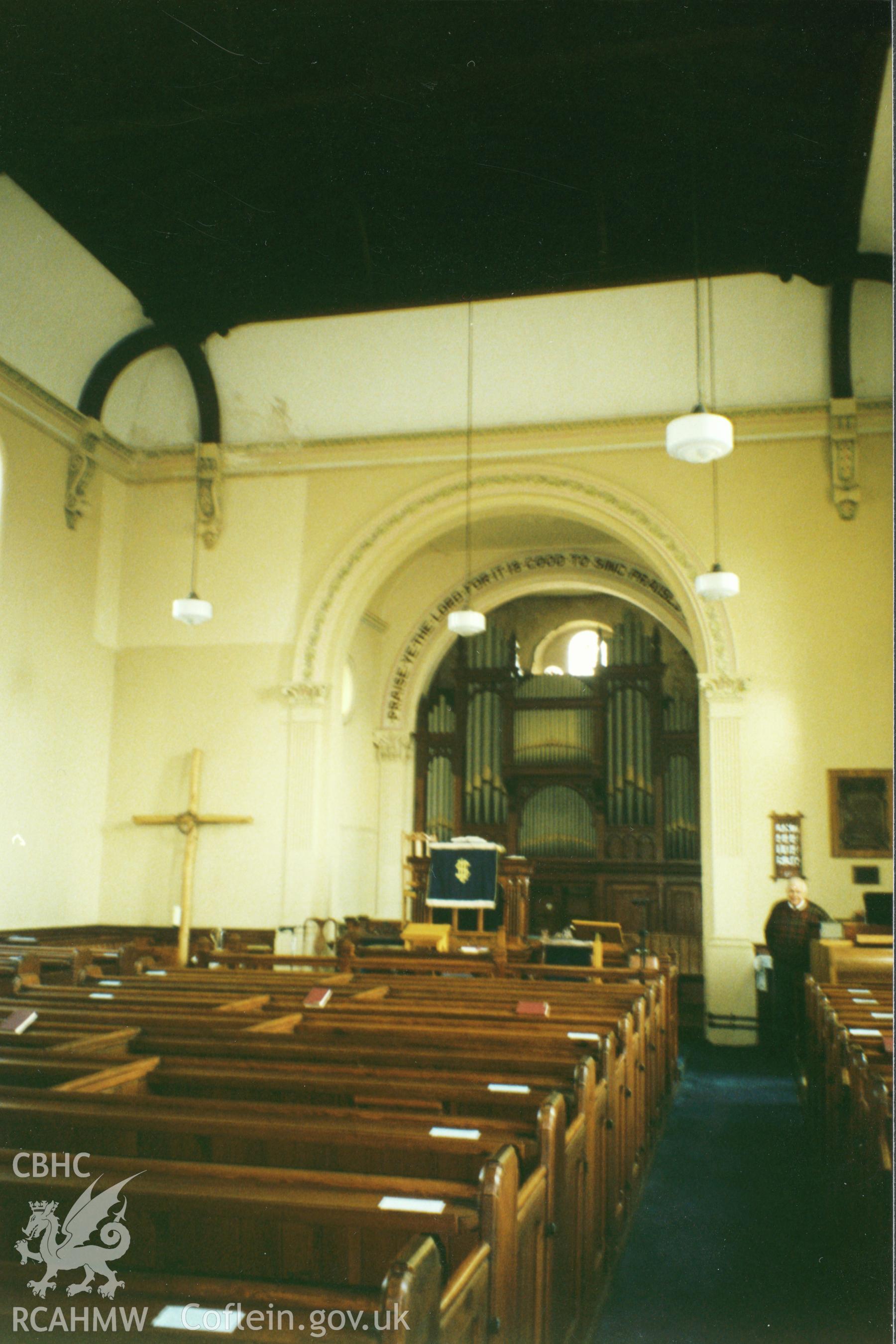 Digital copy of a colour photograph showing an interior view of English Baptist Church, Lammas Street, Carmarthen, taken by Robert Scourfield, 1996.