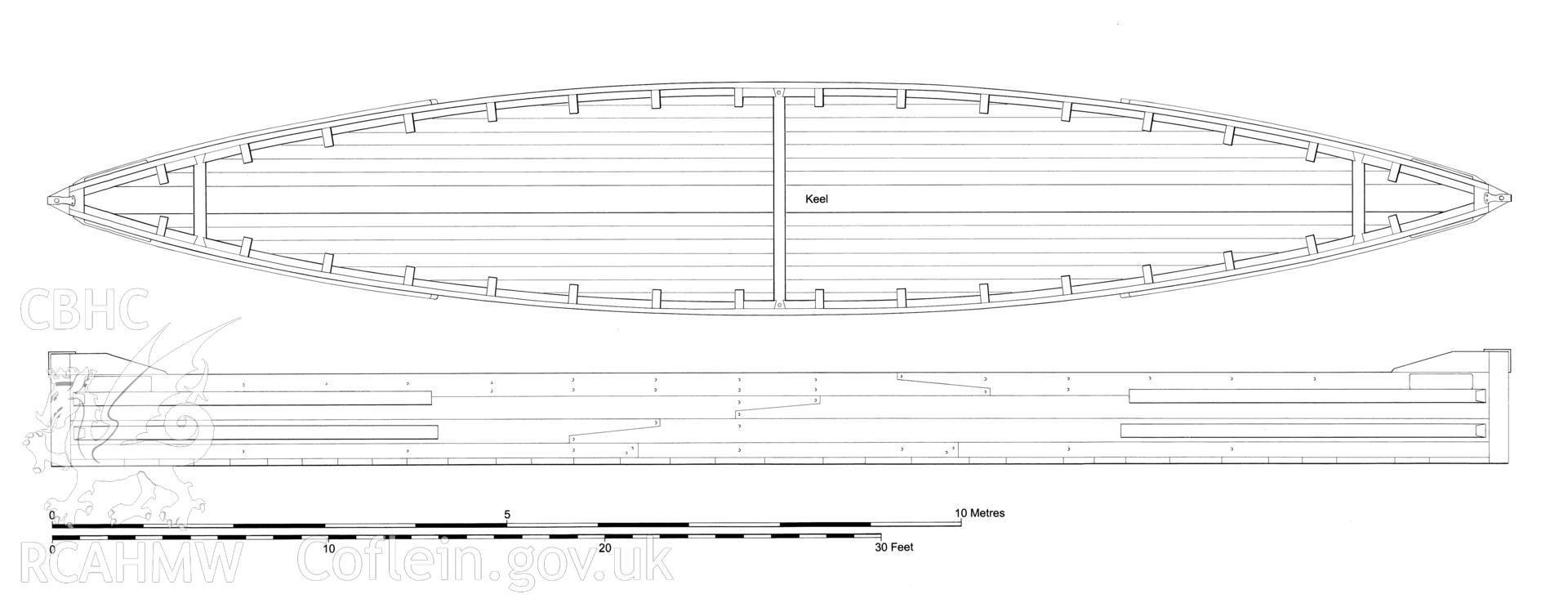 Measured ink drawing showing detail of the maintenance boat found at Ty'n yr Heol Depot, Tonna, produced by J.D. Goodband, 1980.