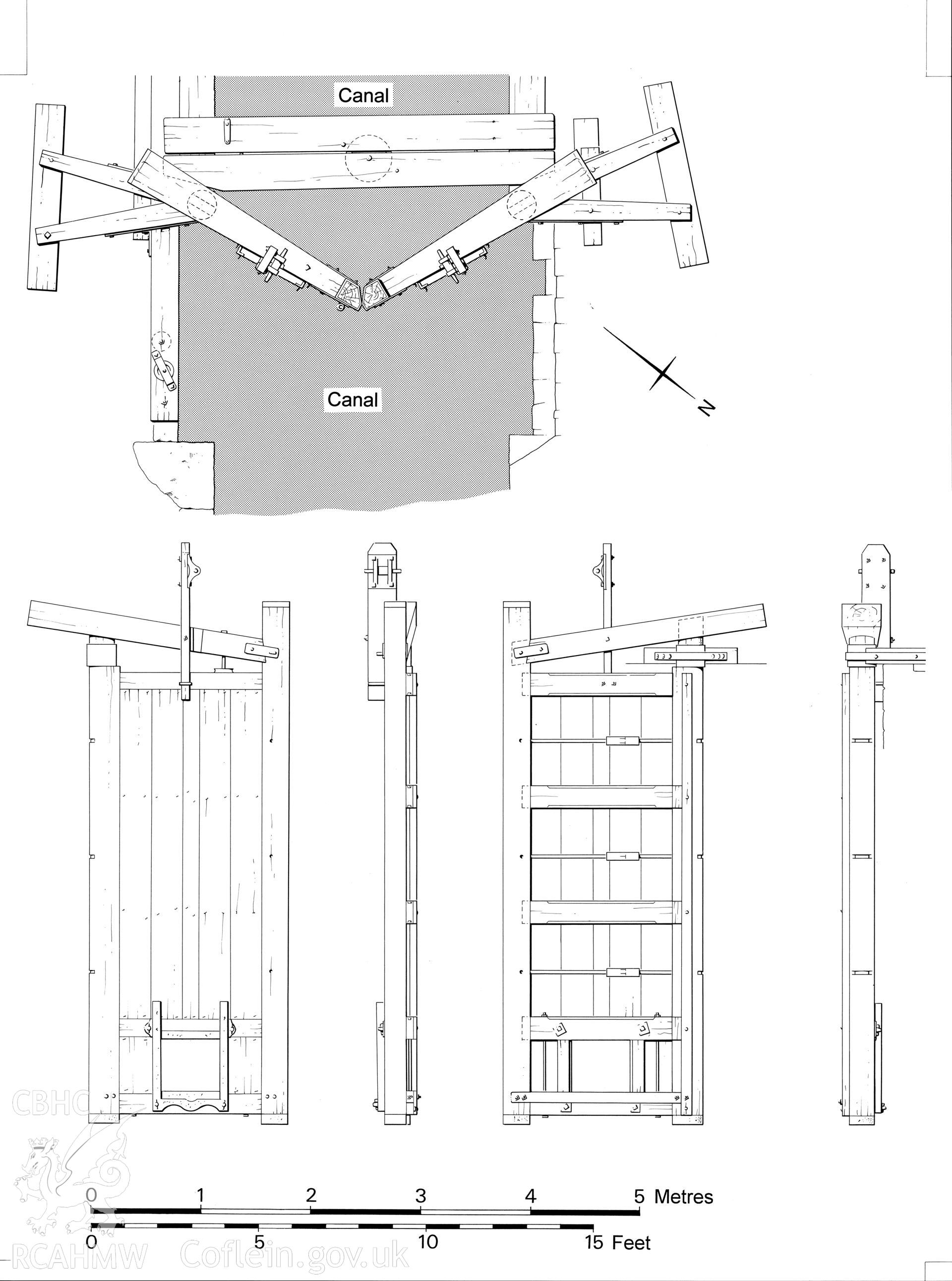 Measured drawings produced by J.D. Goodband, showing plan and detail of the lock gates at Clydach Bridge, dated 1980.