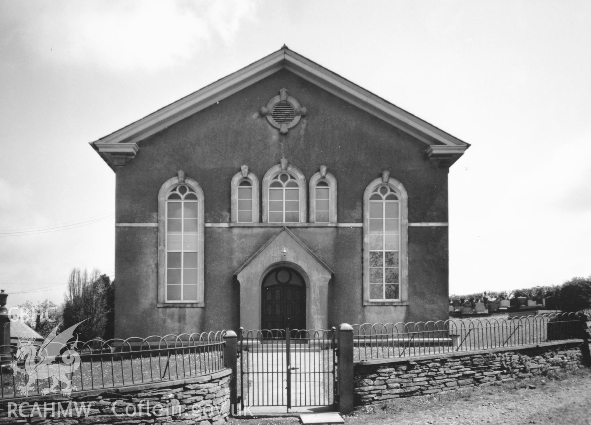 Digital copy of a black and white photograph showing a view of Cilfowyr Welsh Baptist Chapel, taken by Robert Scourfield, c.1996.