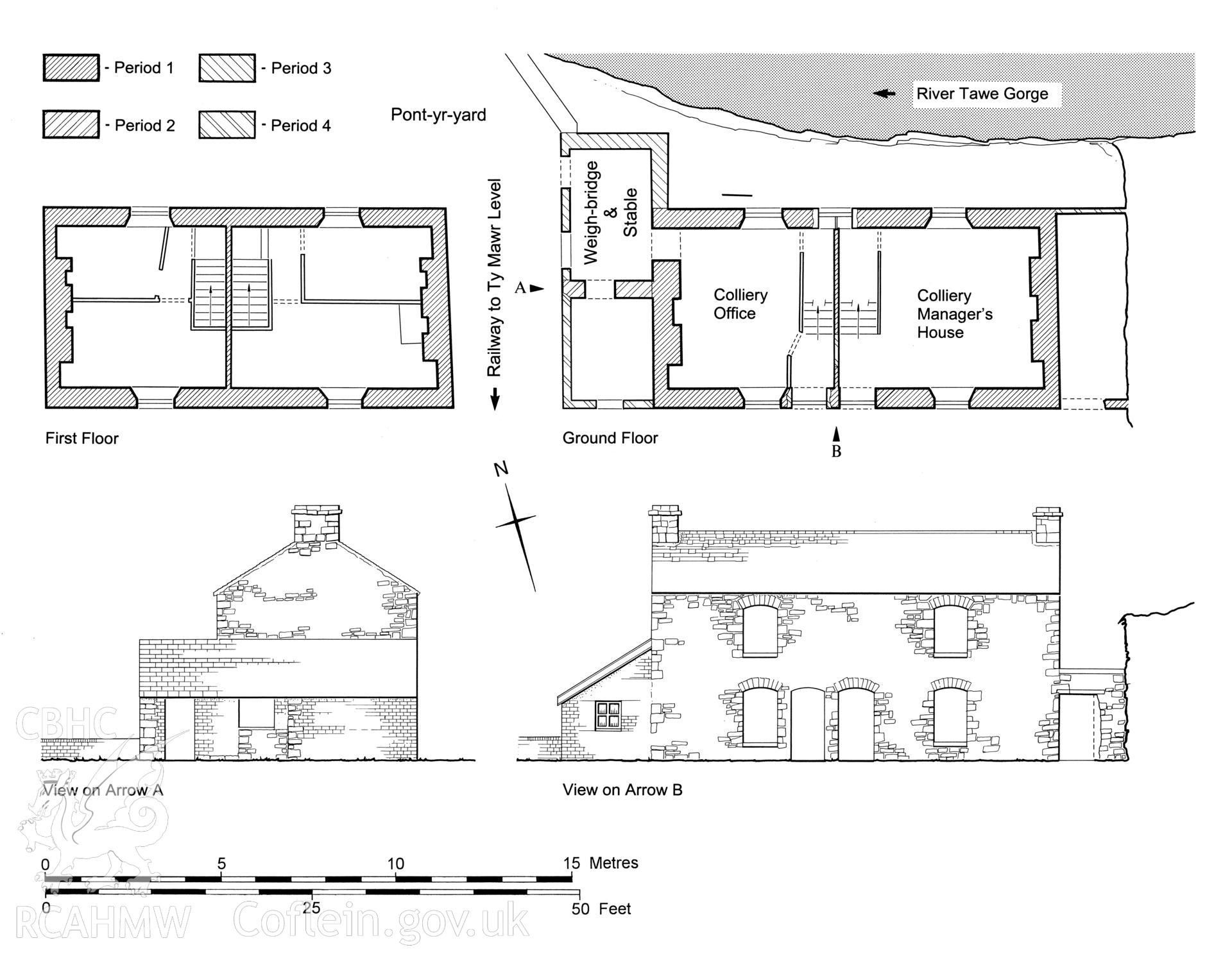 Measured drawings comprising plan and elevation views of Yard House and Manager's Office at Lefel Fawr Colliery,  produced by J.D. Goodband, 1980.