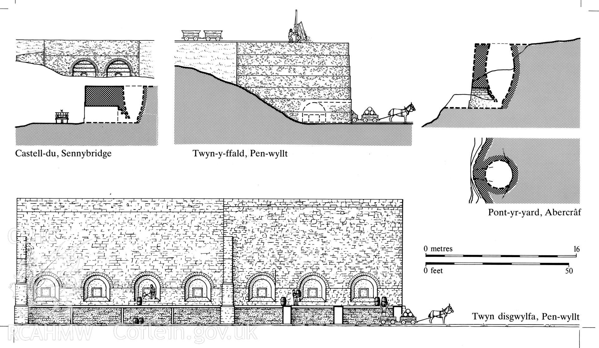 Finished ink-line drawing of the comparative plans, sections and elevations of limekilns, Fig 116 "The Brecon Forest Tramroads", S.R. Hughes, 1990.