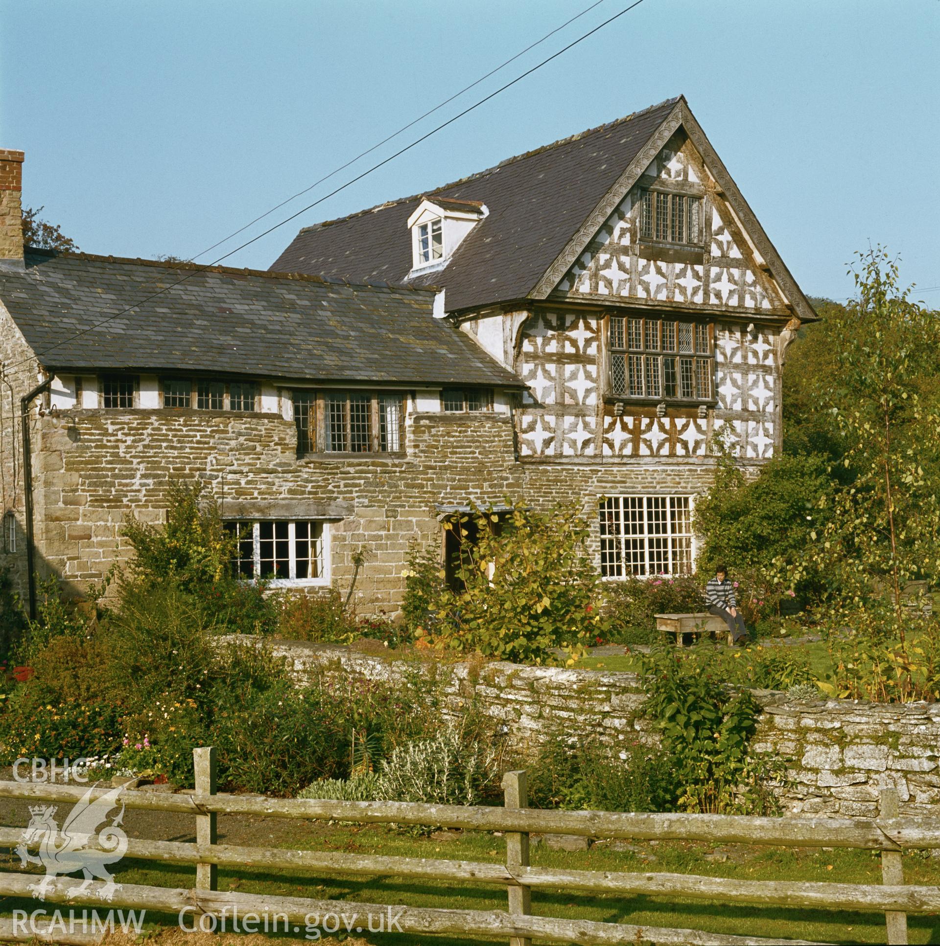 RCAHMW colour transparency showing view of Upper Dolau Farmhouse, Presteigne, taken by Fleur James, 1986.