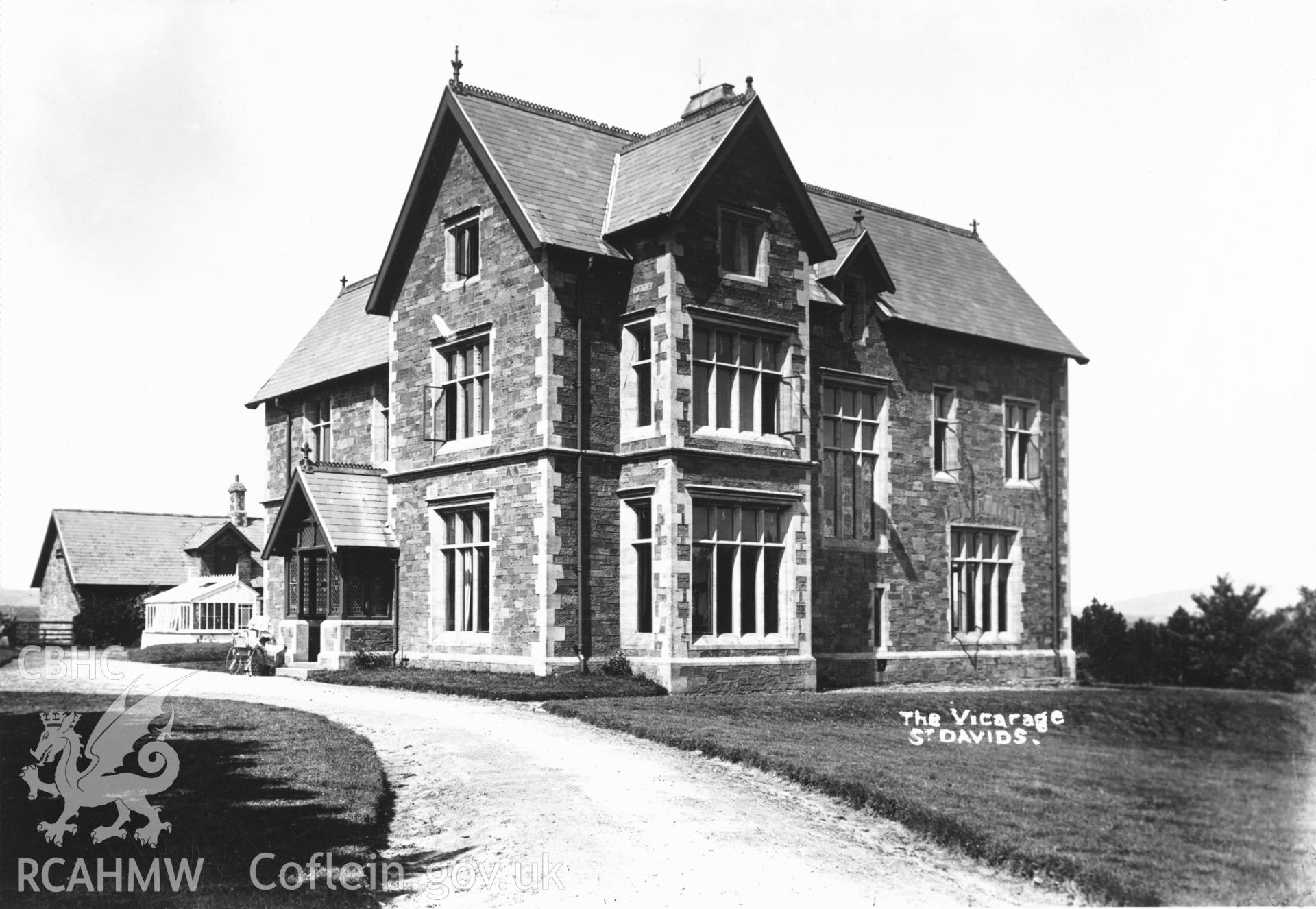 A black and white photo showing the Vicarage, St Davids.