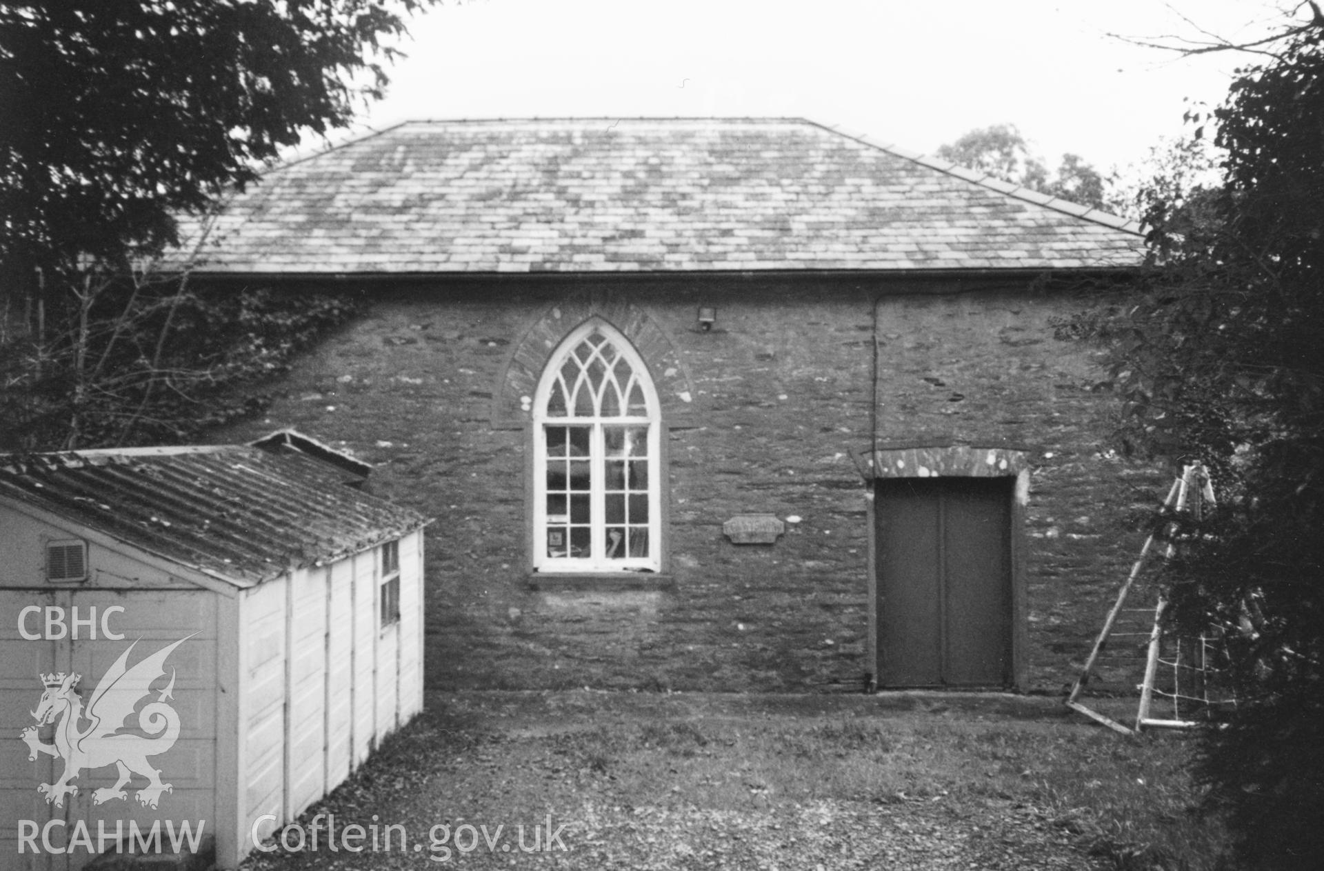 Digital copy of a black and white photograph showing an exterior view of Sergeants Arms Meeting House, Eglwyswrw, taken by Robert Scourfield, c.1996.