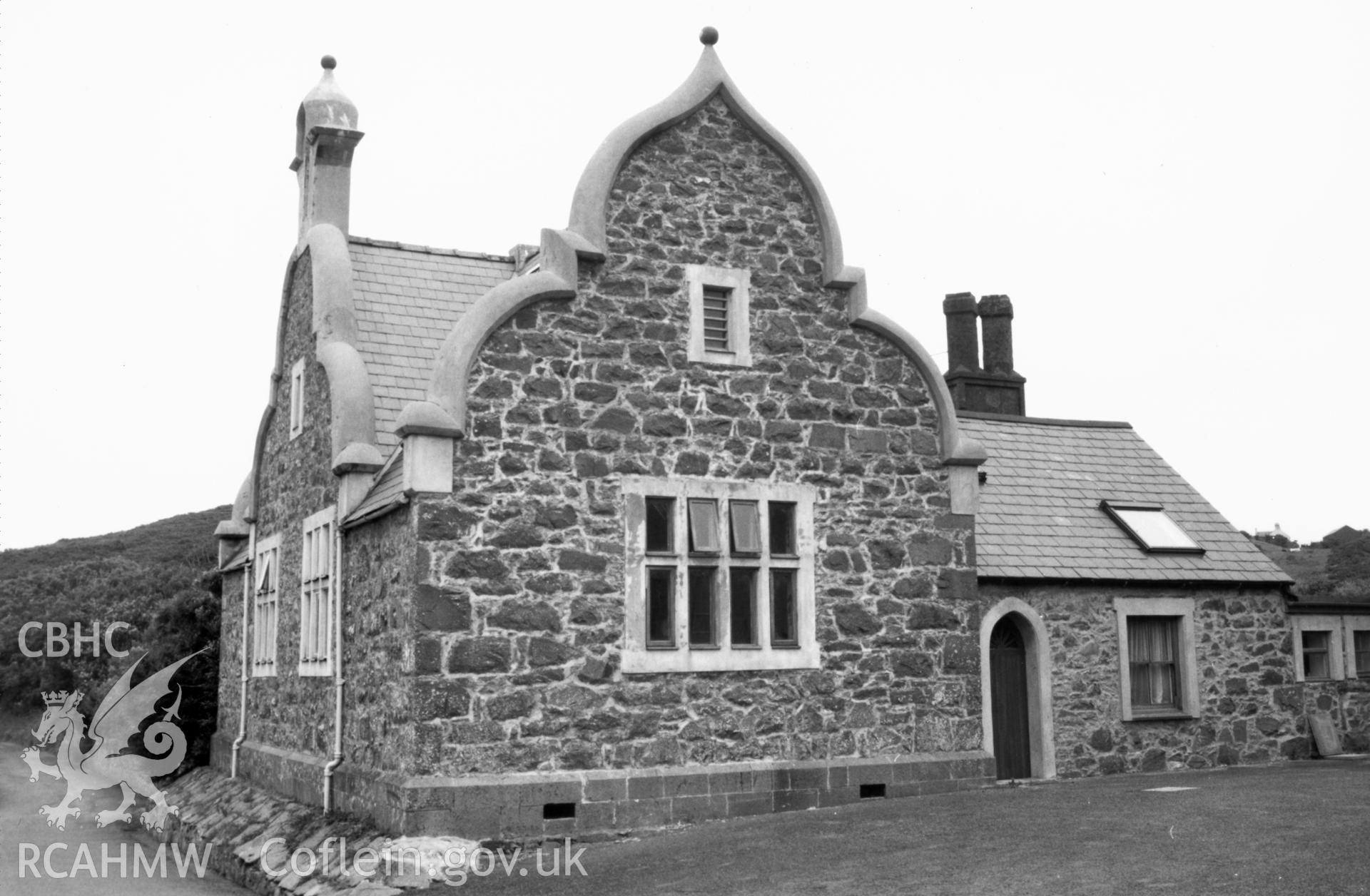 Black and white photograph showing an exterior view of the National School, Llanengan, produced by Malcolm Seaborne, July 1988.