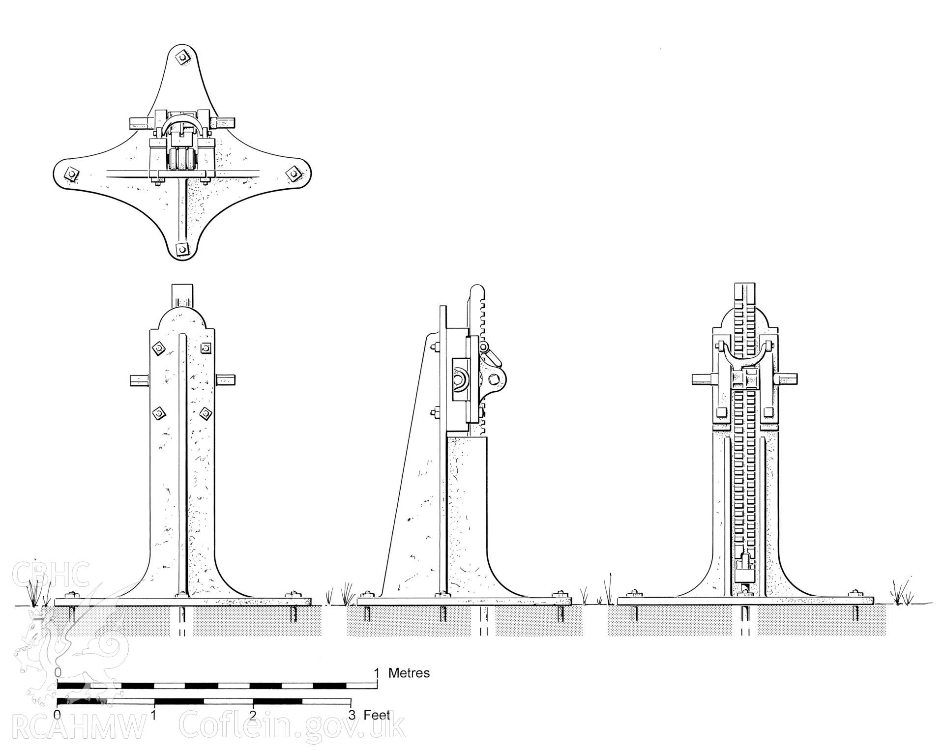 Measured detail drawings showing canal outfall sluice at Ynysmeudwy, produced by J.D. Goodband, 1980.