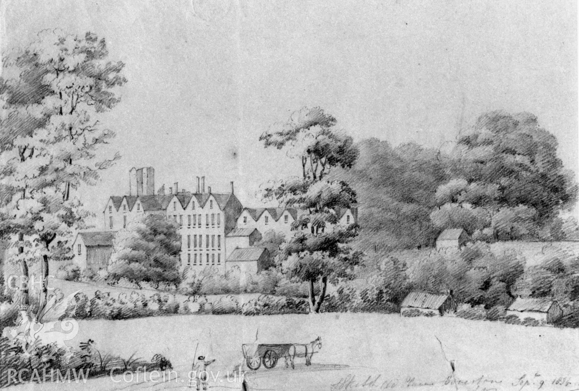 Boverton Place, Llantwit Major; black and white photographic print copied from a c.1896 drawing held in the National Library of Wales