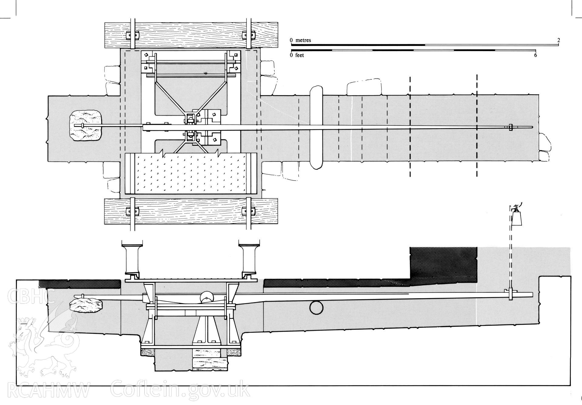 Finished ink-line drawing, reconstruction of Banwen ironworks railway weighbridge machinery. Fig 102, "The Brecon Forest Tramroads", S.R. Hughes, 1990.