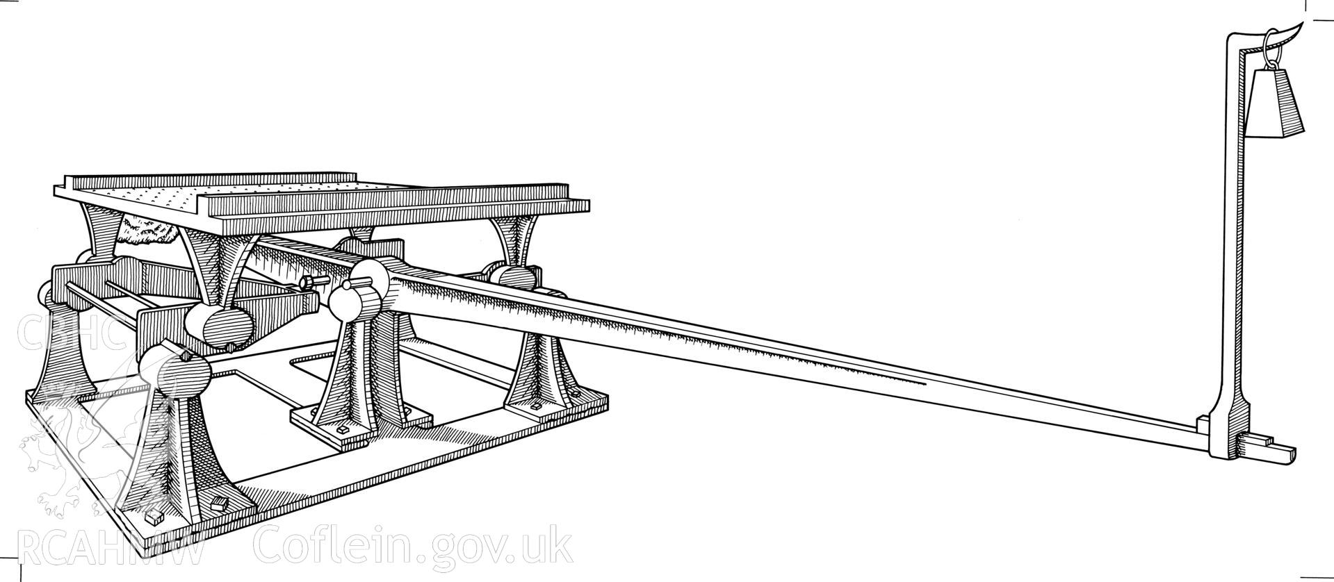 Finished ink-line drawing, reconstruction sketch of Banwen ironworks railway weighbridge. Fig 103, "The Brecon Forest Tramroads", S.R. Hughes, 1990.