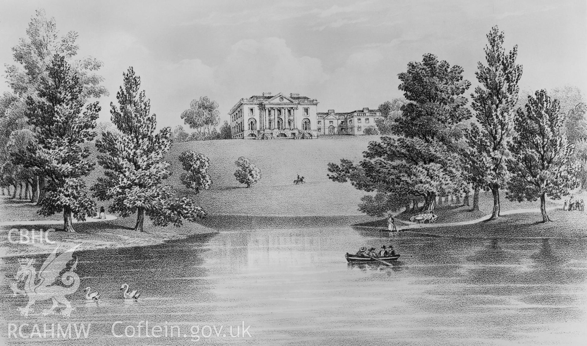 Middleton Hall, Llanarthney;  black and white photograph copied from an 1853 engraving by Augustus Butler