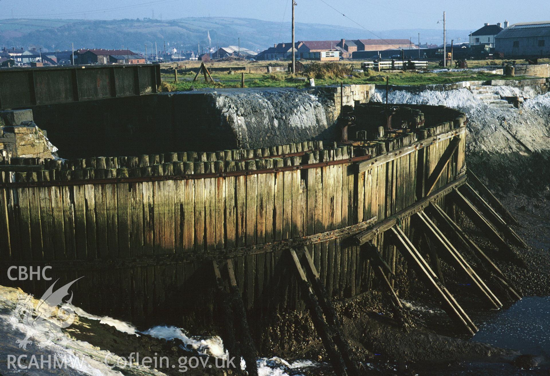 35mm colour slide showing coffer dam at  Burry Port Harbour, by Dylan Roberts.