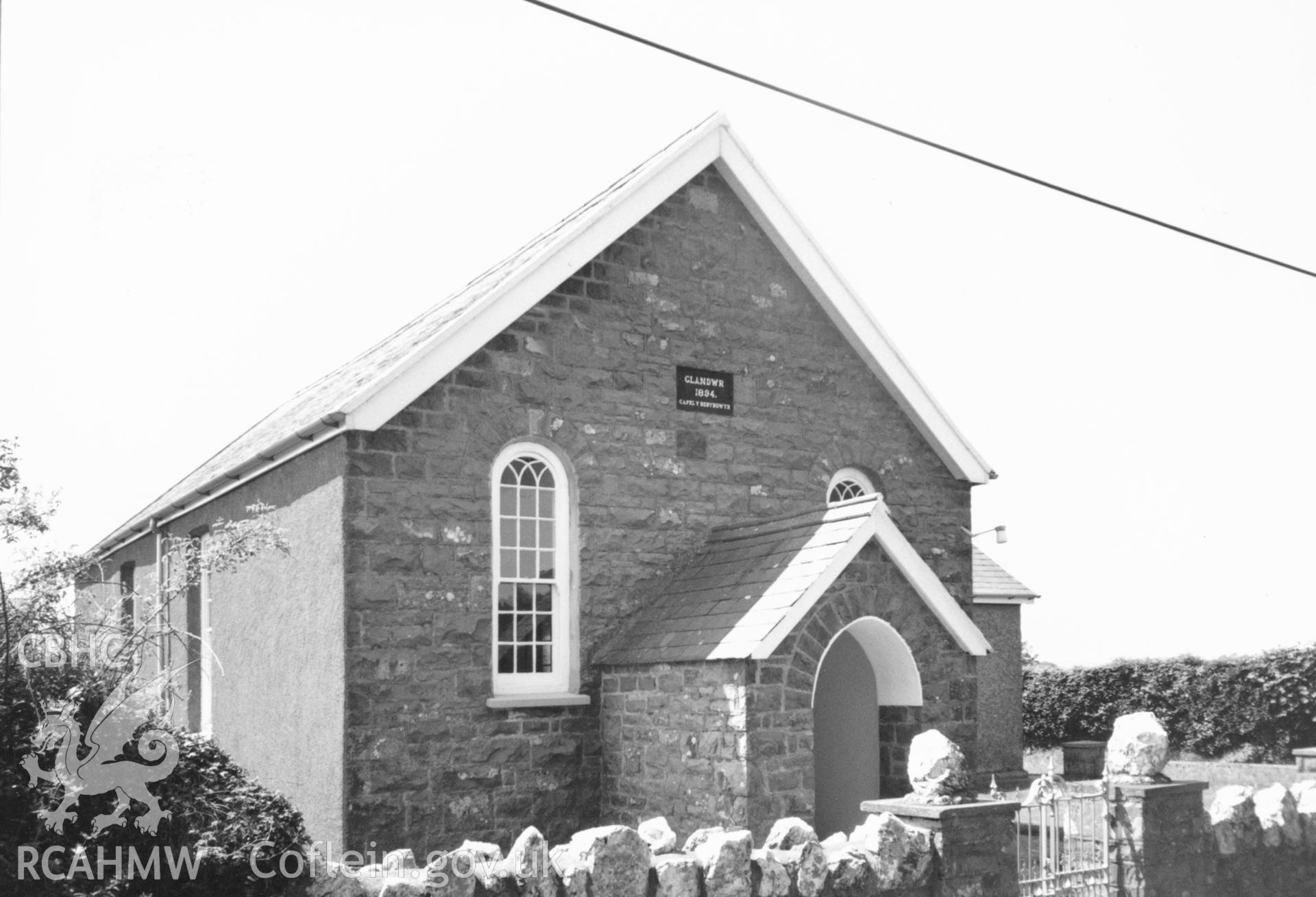 Digital copy of a black and white photograph showing an exterior view of Glandwr Welsh Baptist Church, Llanychar, taken by Robert Scourfield, c.1996.