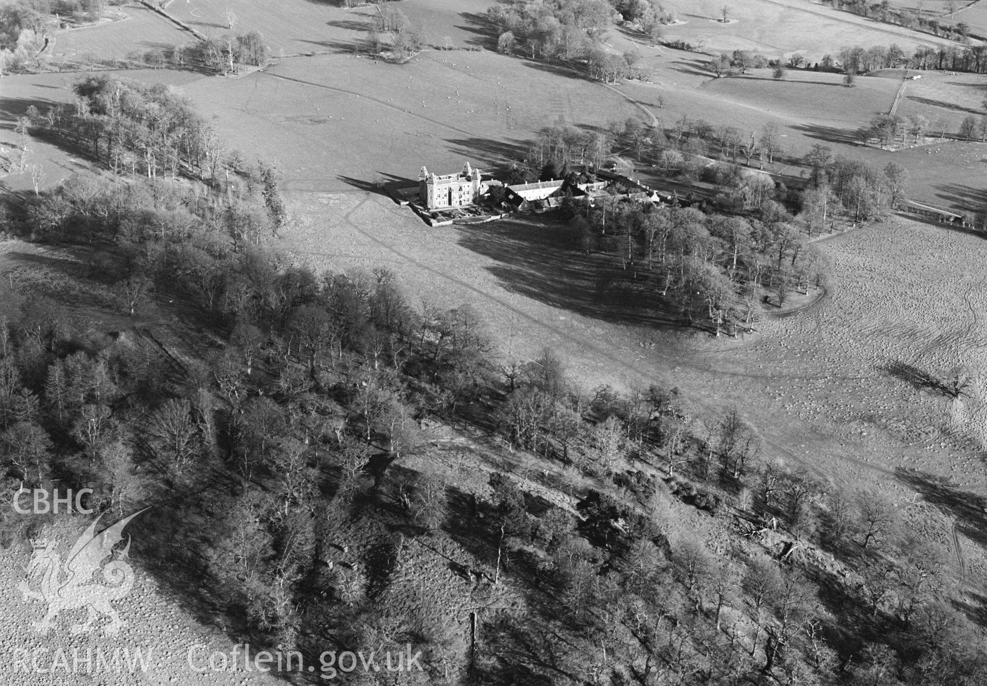 RCAHMW black and white oblique aerial photograph of the Rookery at Dinefwr Park taken by Toby Driver 2000